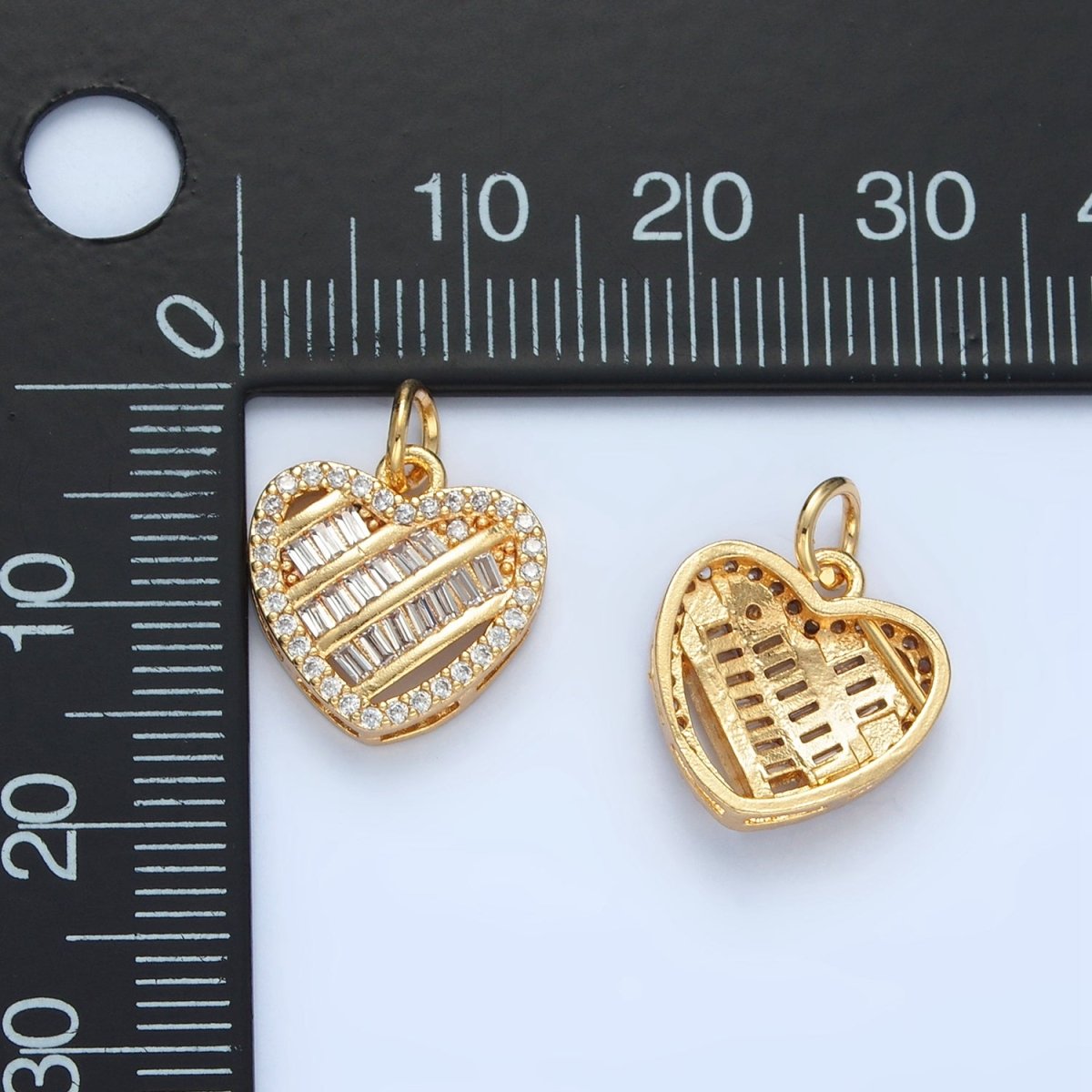 24K Gold Filled Clear CZ Baguette Micro Paved Heart Charm | N1380 - DLUXCA