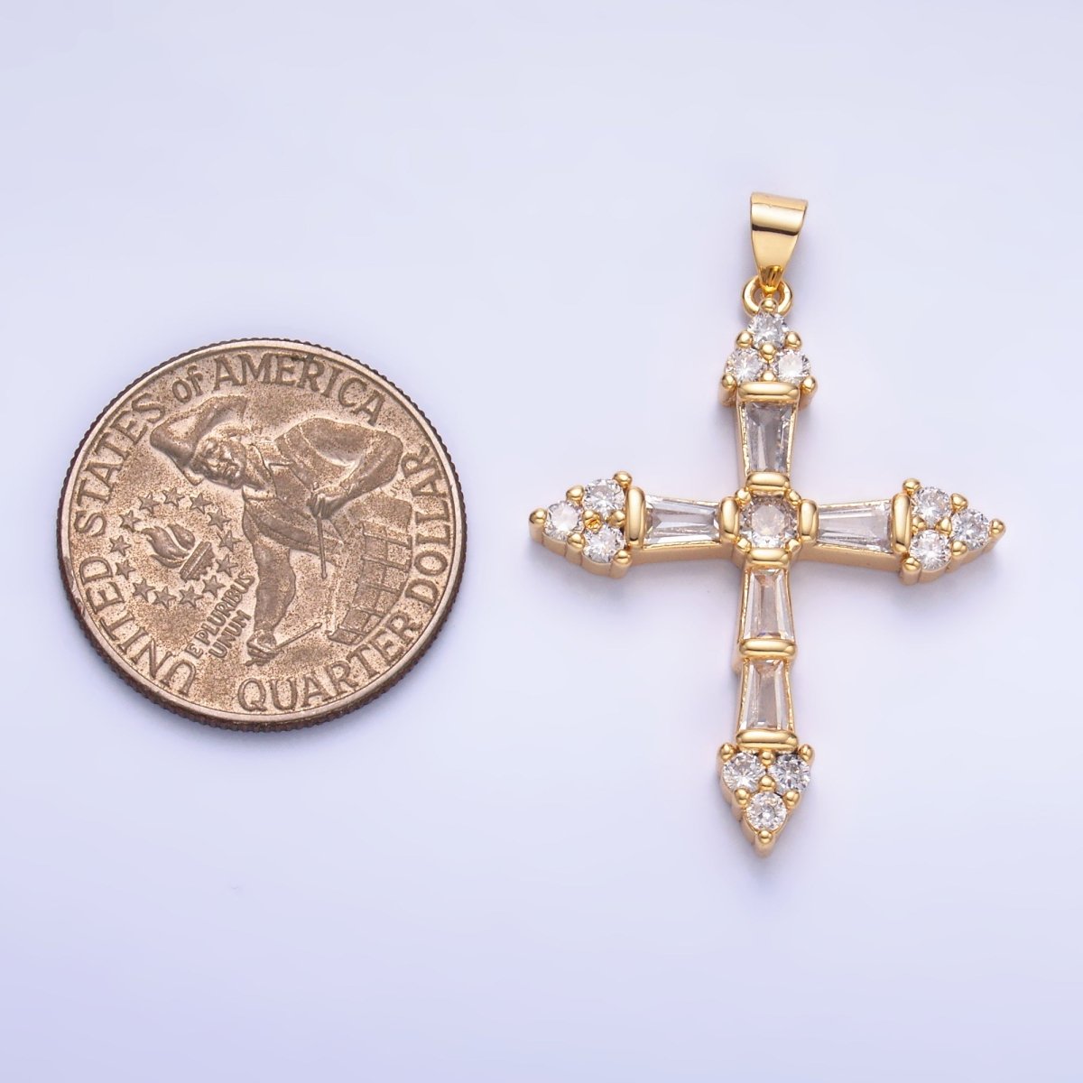 24K Gold Filled Clear CZ Baguette Micro Paved Religious Cross Pendant | AA1192