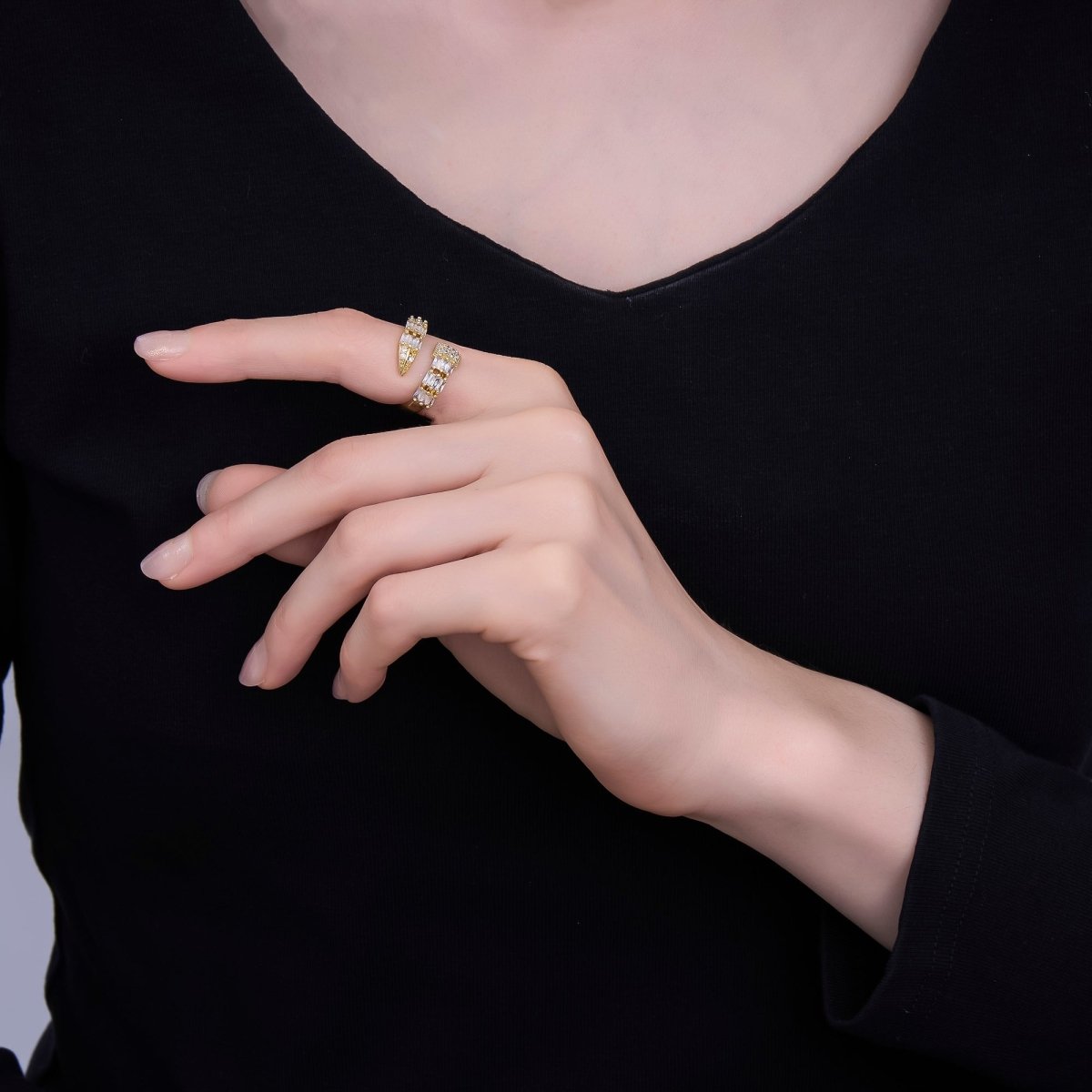 24K Gold Filled Clear CZ Baguette Micro Paved Wrap CZ Ring | O1434 - DLUXCA