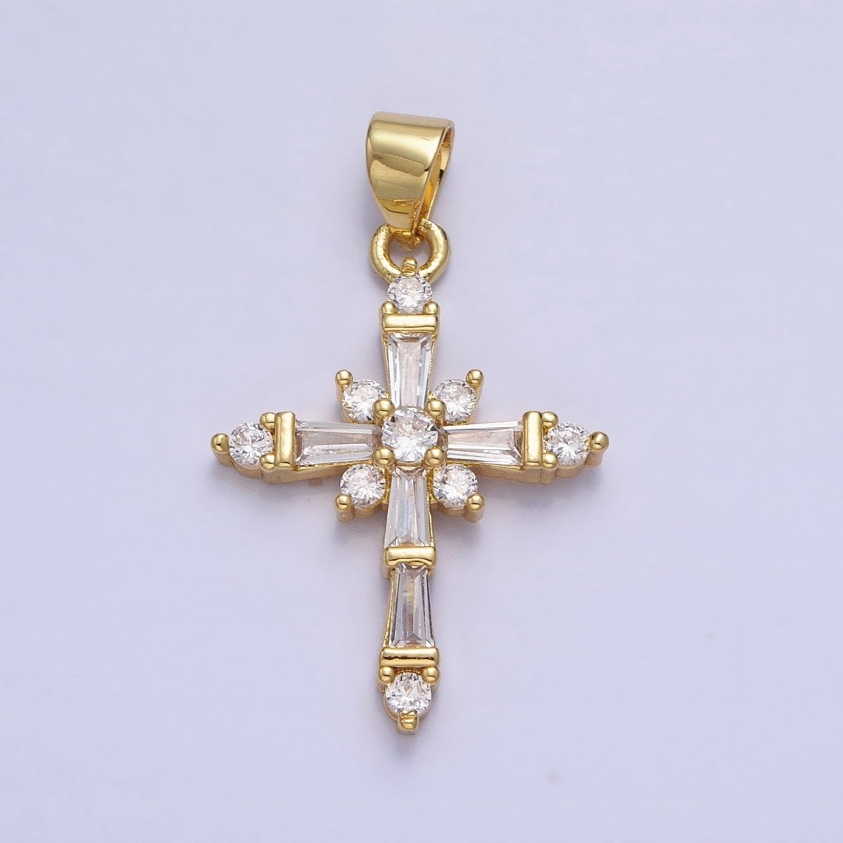 24K Gold Filled Clear CZ Baguette Religious Cross Pendant | AA230 - DLUXCA