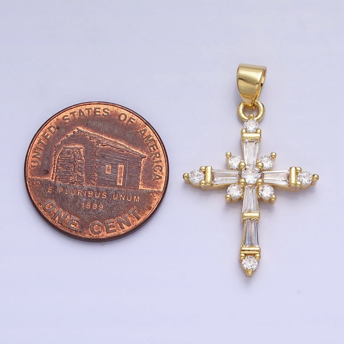 24K Gold Filled Clear CZ Baguette Religious Cross Pendant | AA230 - DLUXCA