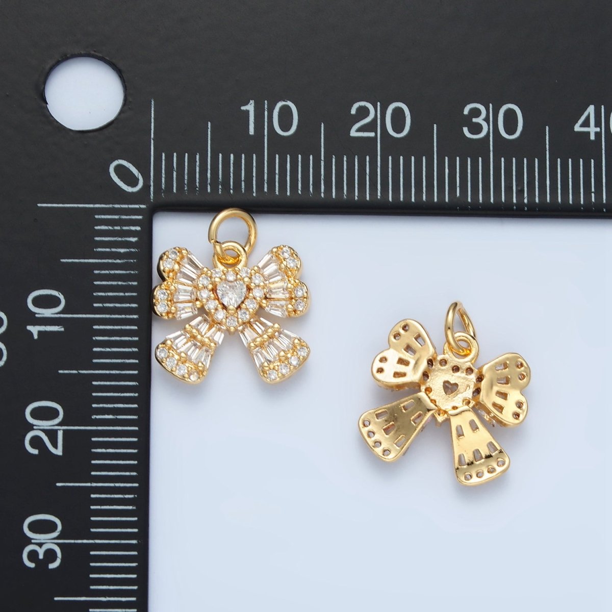 24K Gold Filled Clear CZ Baguette Ribbon Bow Charm | X553 - DLUXCA