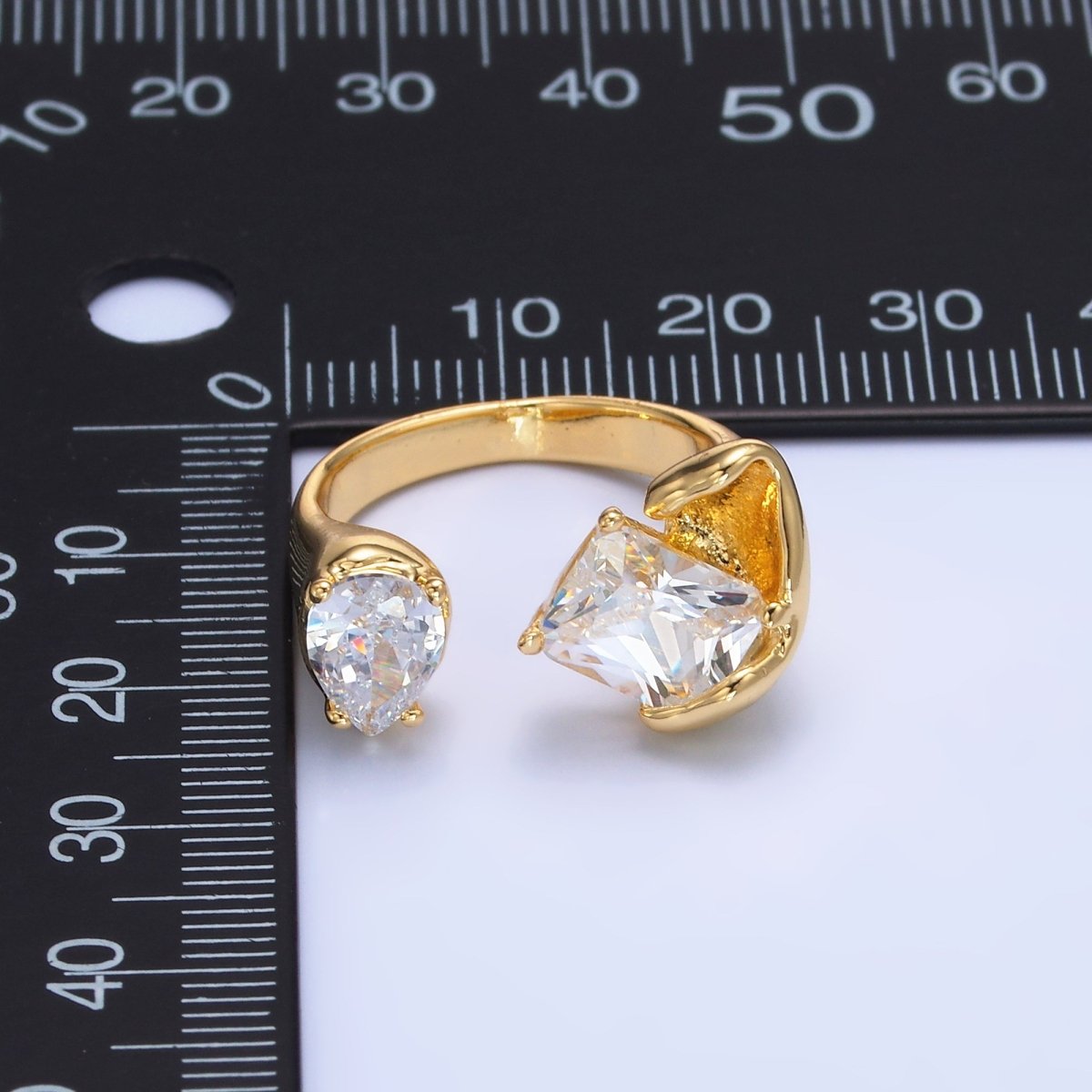 24K Gold Filled Clear CZ Baguette Teardrop Molten Wrap Claw Ring | O844 - DLUXCA