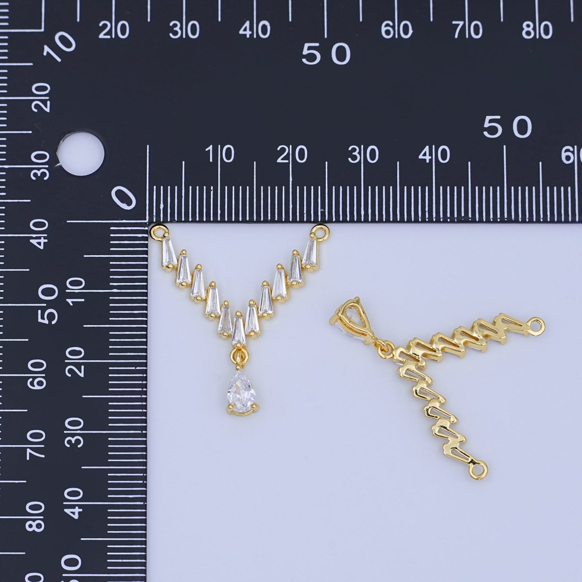 24K Gold Filled Clear CZ Baguette Teardrop V - Shaped Connector | Y024 - DLUXCA
