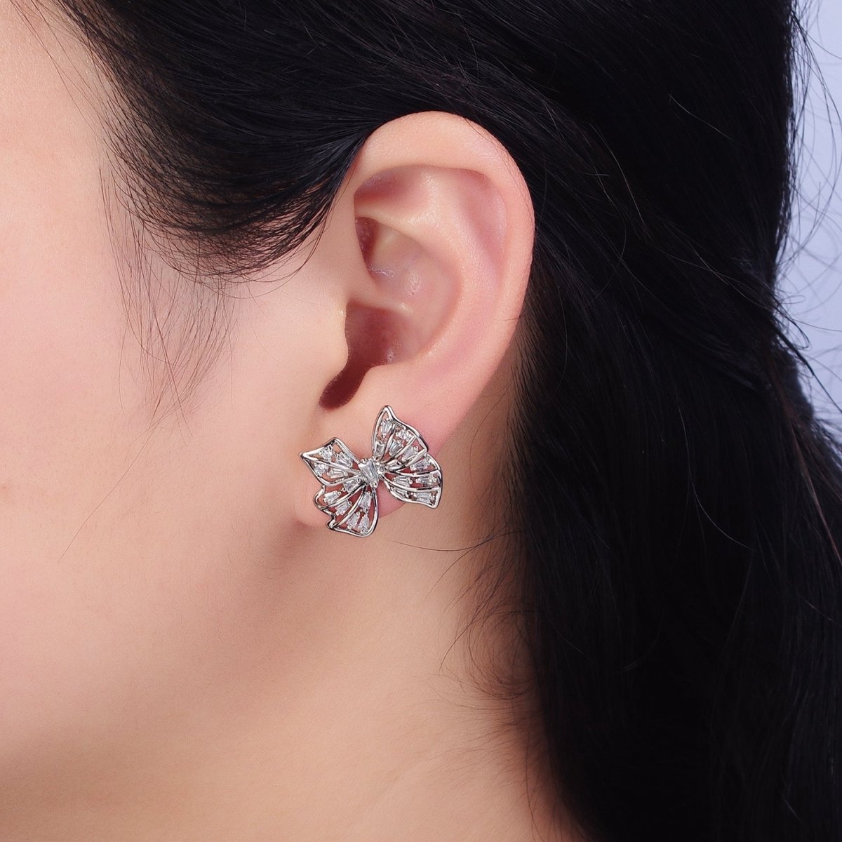 24K Gold Filled Clear CZ Baguette Wings Mariposa Butterfly Stud Earrings in Gold & Silver | AB676 AD898