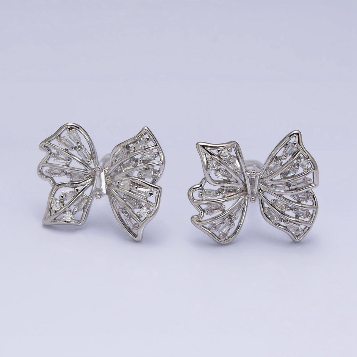 24K Gold Filled Clear CZ Baguette Wings Mariposa Butterfly Stud Earrings in Gold & Silver | AB676 AD898