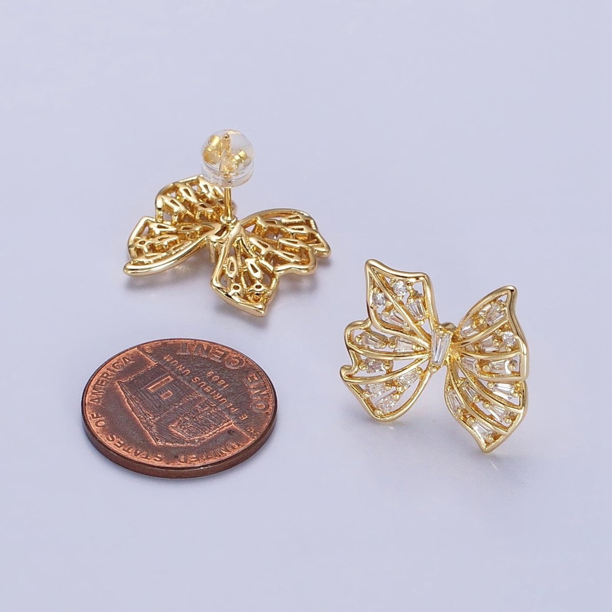 24K Gold Filled Clear CZ Baguette Wings Mariposa Butterfly Stud Earrings in Gold & Silver | AB676 AD898