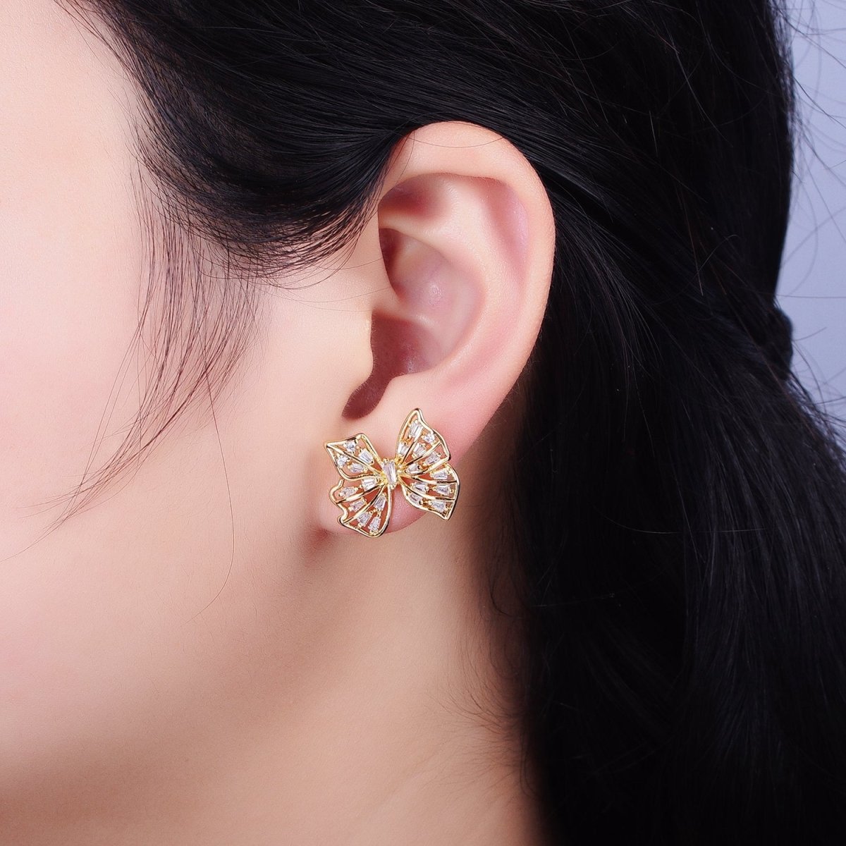 24K Gold Filled Clear CZ Baguette Wings Mariposa Butterfly Stud Earrings in Gold & Silver | AB676 AD898