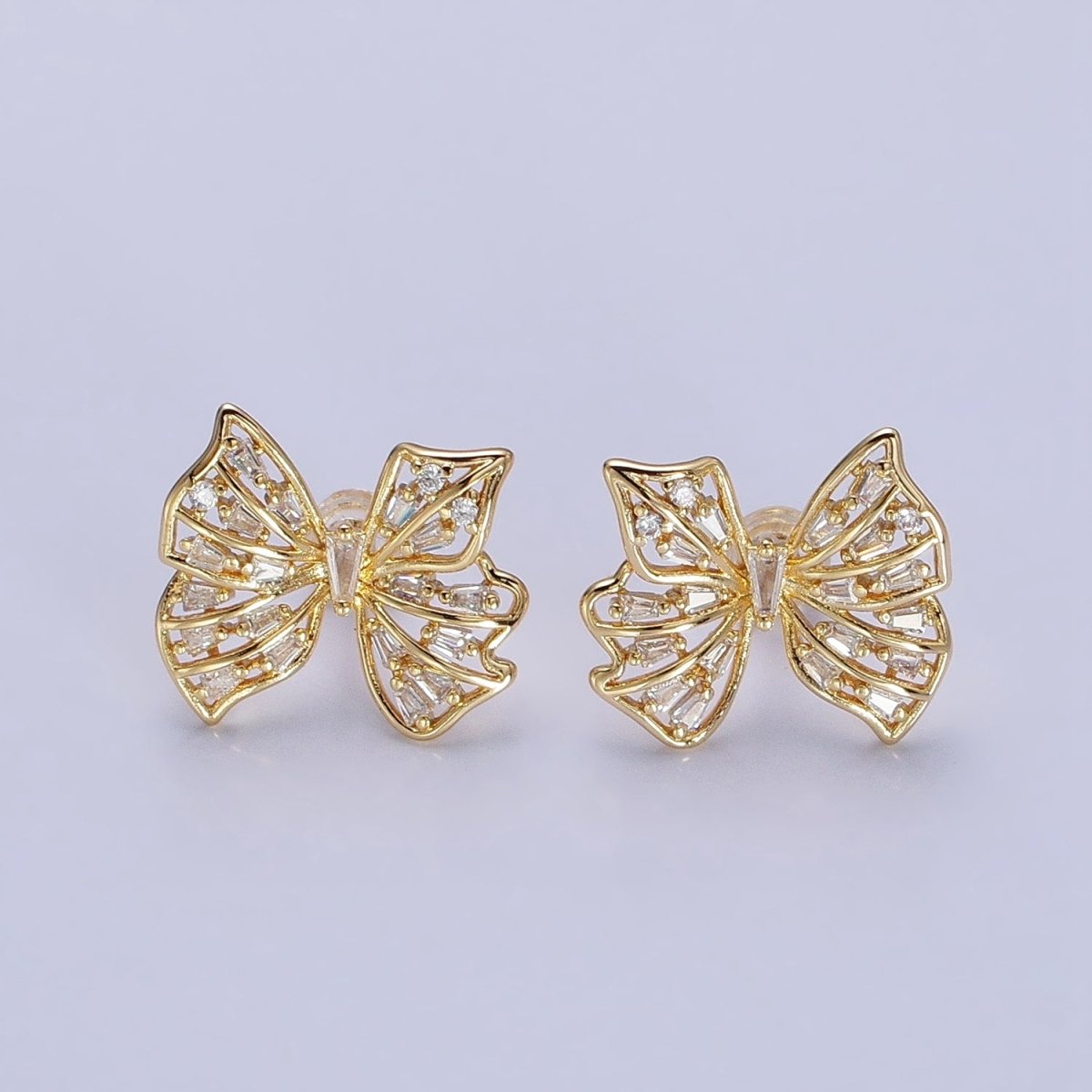 24K Gold Filled Clear CZ Baguette Wings Mariposa Butterfly Stud Earrings in Gold & Silver | AB676 AD898