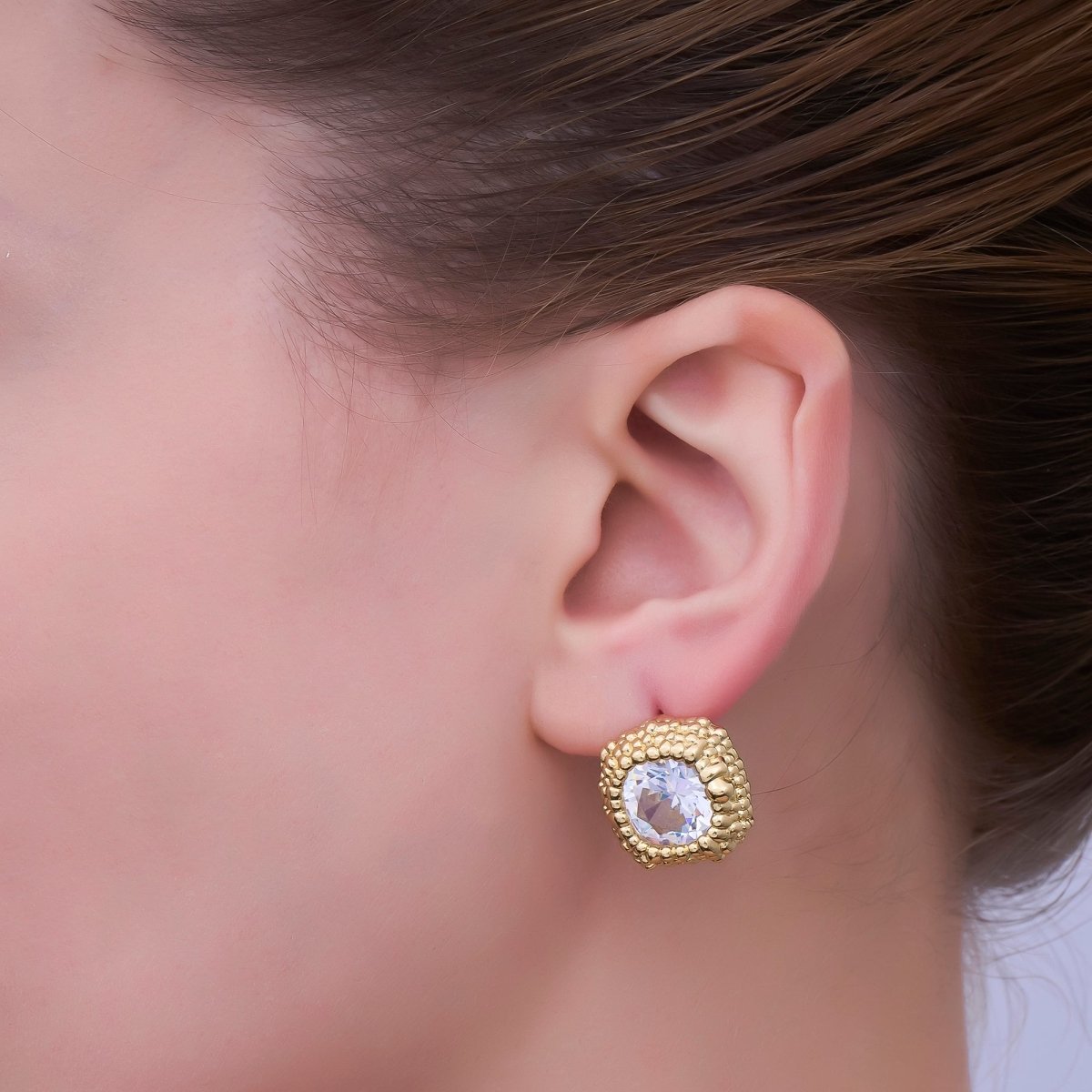 24K Gold Filled Clear CZ Bubble Dotted Bezel Square Stud Earrings | AI480 - DLUXCA