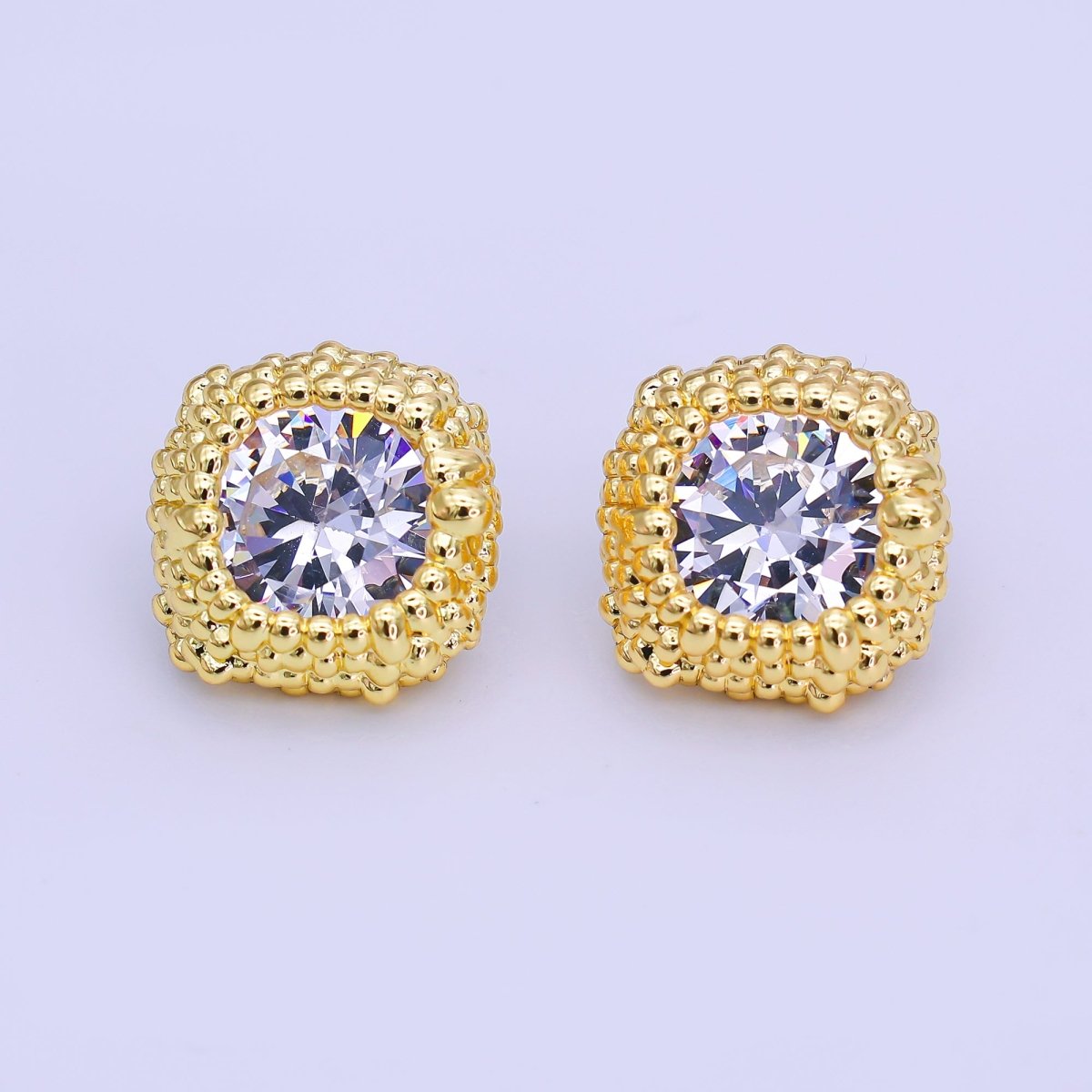 24K Gold Filled Clear CZ Bubble Dotted Bezel Square Stud Earrings | AI480 - DLUXCA