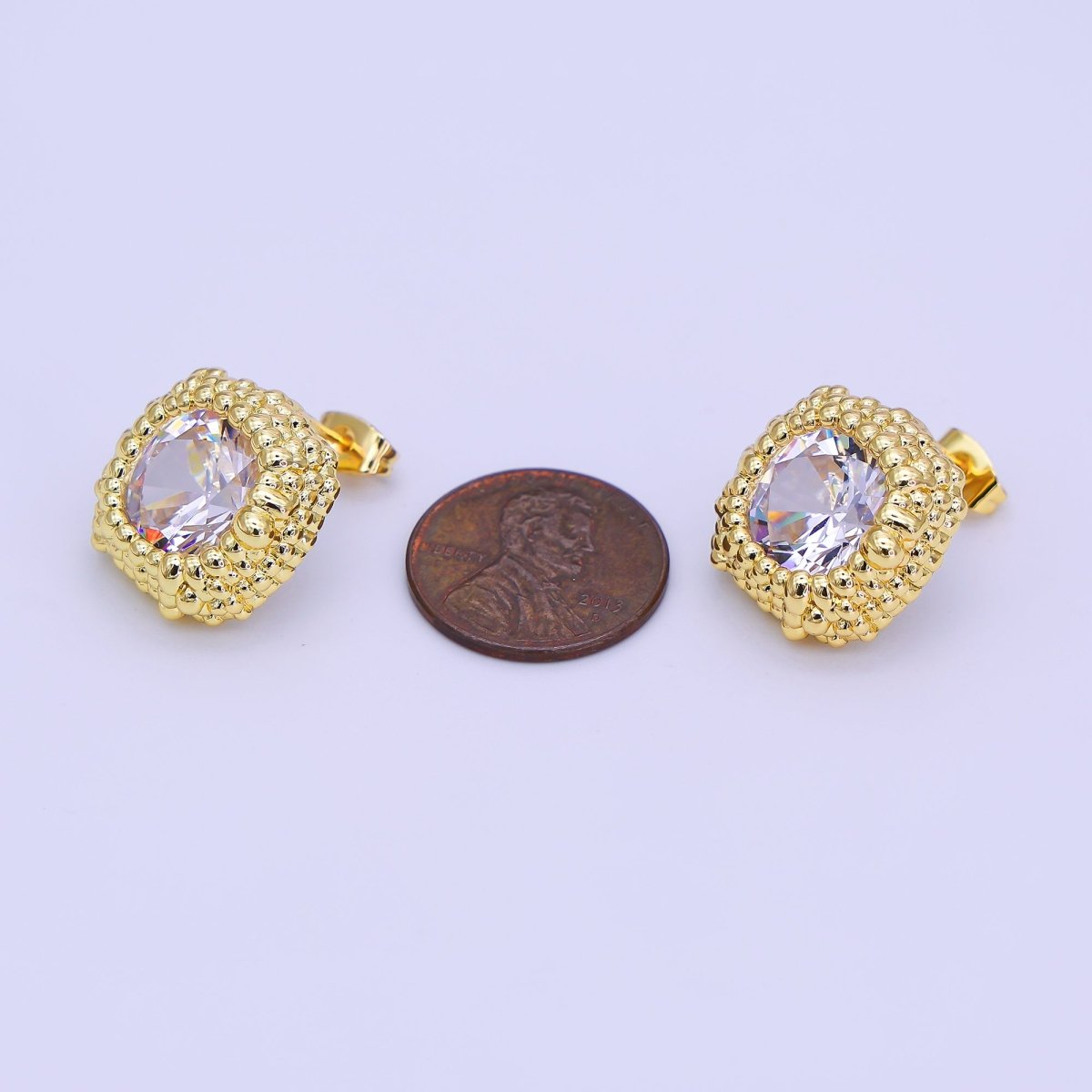 24K Gold Filled Clear CZ Bubble Dotted Bezel Square Stud Earrings | AI480 - DLUXCA