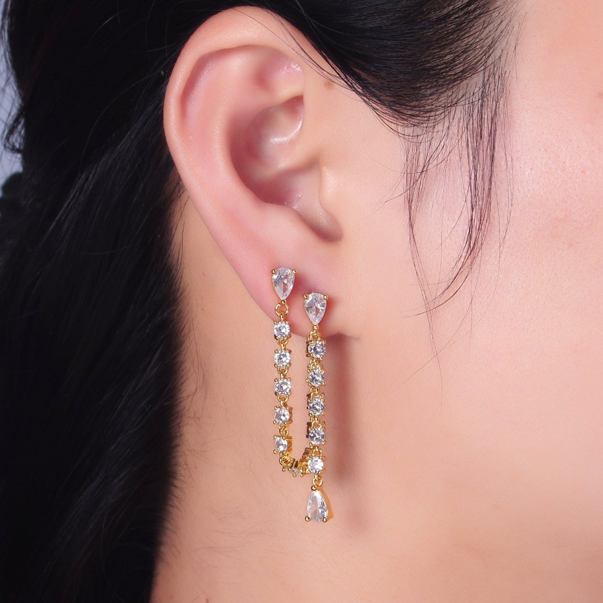 24K Gold Filled Clear CZ Chain Teardrop Drop Double Stud Earrings in Gold & Silver | V336 V337
