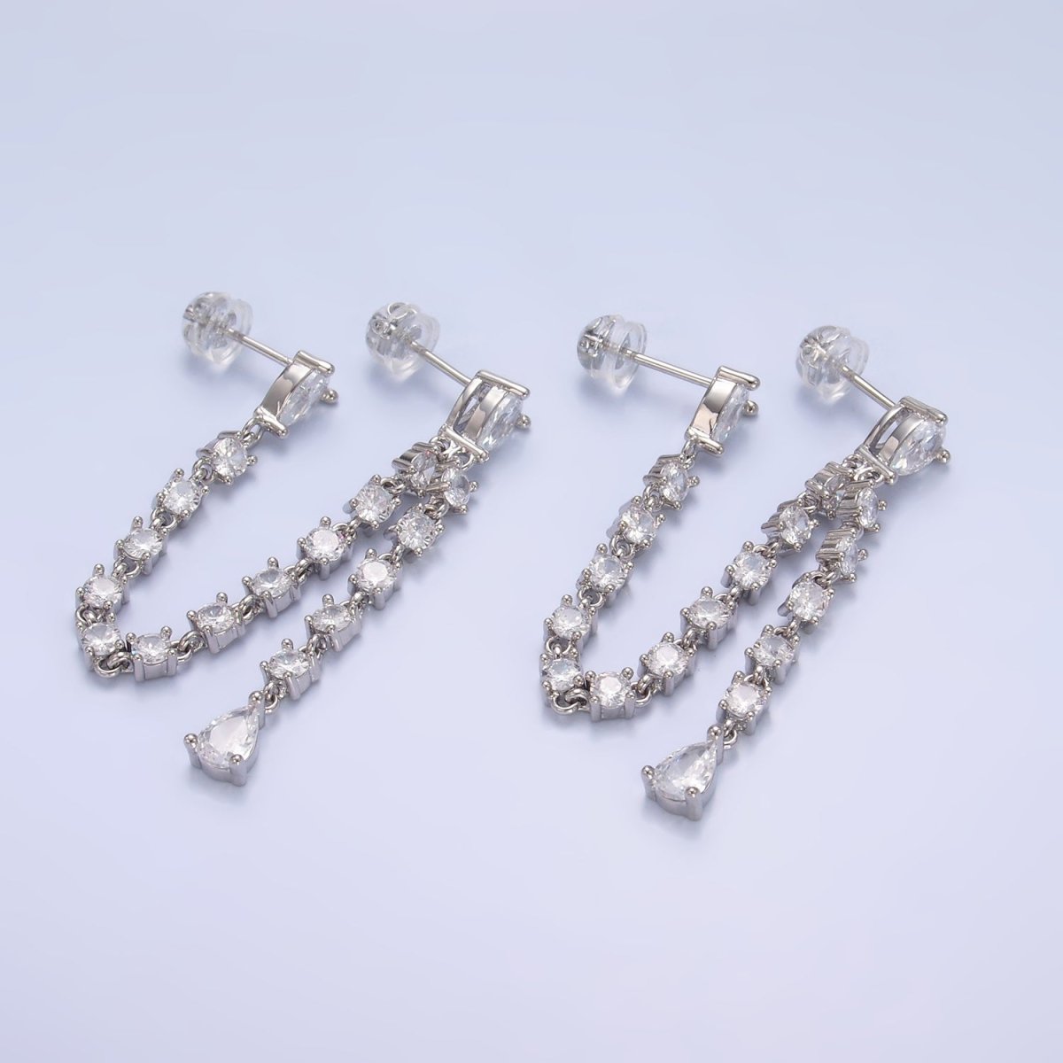 24K Gold Filled Clear CZ Chain Teardrop Drop Double Stud Earrings in Gold & Silver | V336 V337