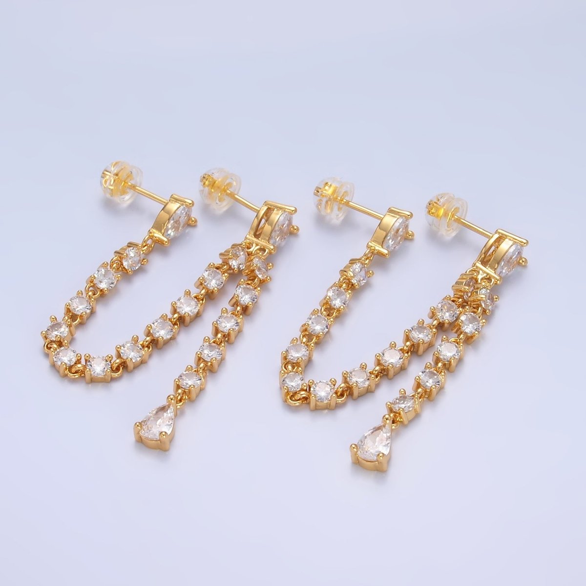 24K Gold Filled Clear CZ Chain Teardrop Drop Double Stud Earrings in Gold & Silver | V336 V337