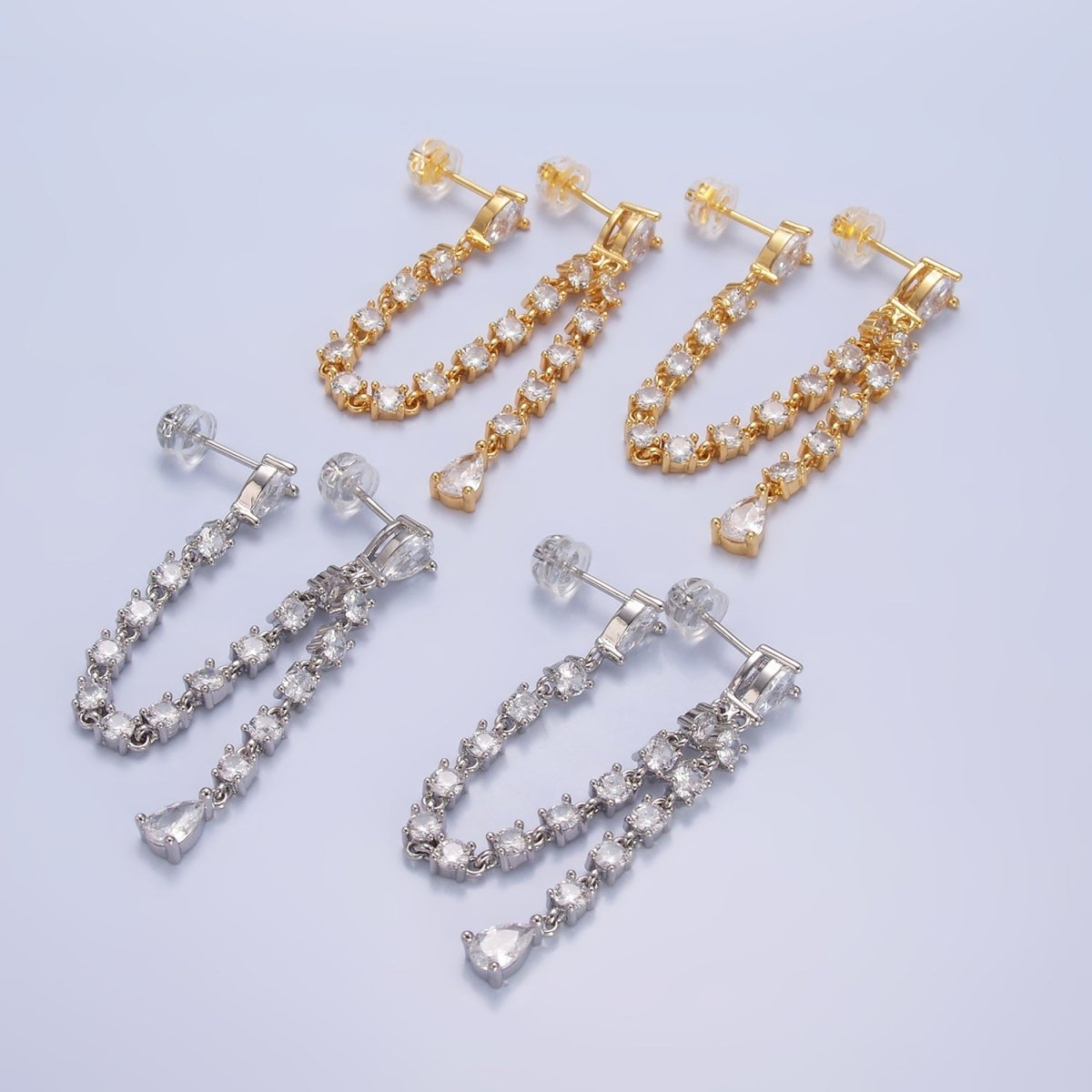 24K Gold Filled Clear CZ Chain Teardrop Drop Double Stud Earrings in Gold & Silver | V336 V337