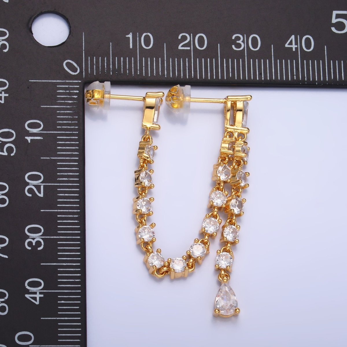 24K Gold Filled Clear CZ Chain Teardrop Drop Double Stud Earrings in Gold & Silver | V336 V337