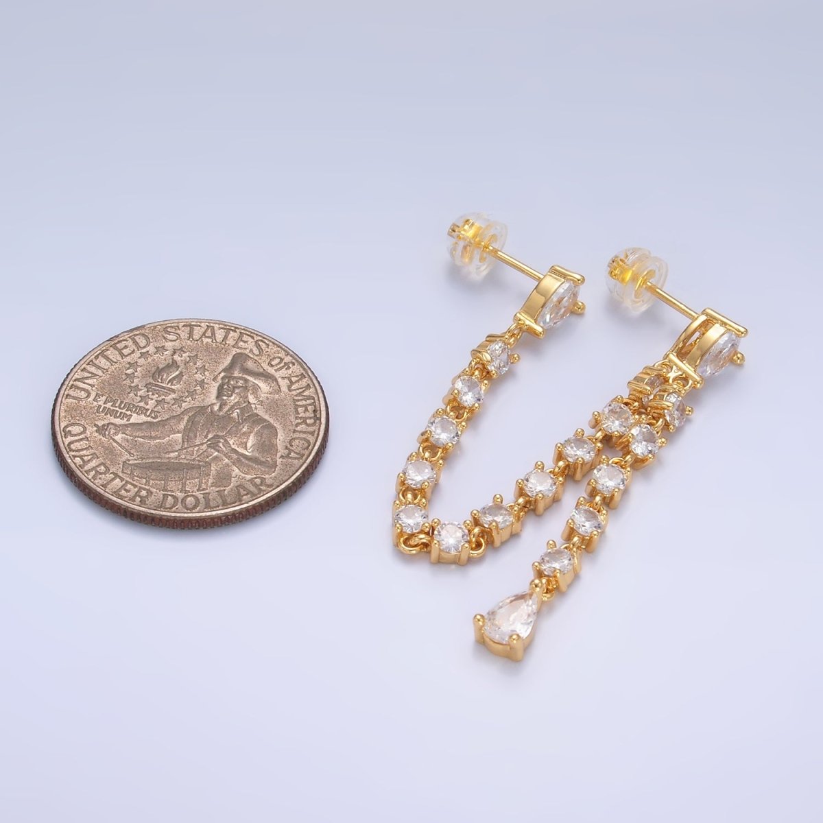 24K Gold Filled Clear CZ Chain Teardrop Drop Double Stud Earrings in Gold & Silver | V336 V337