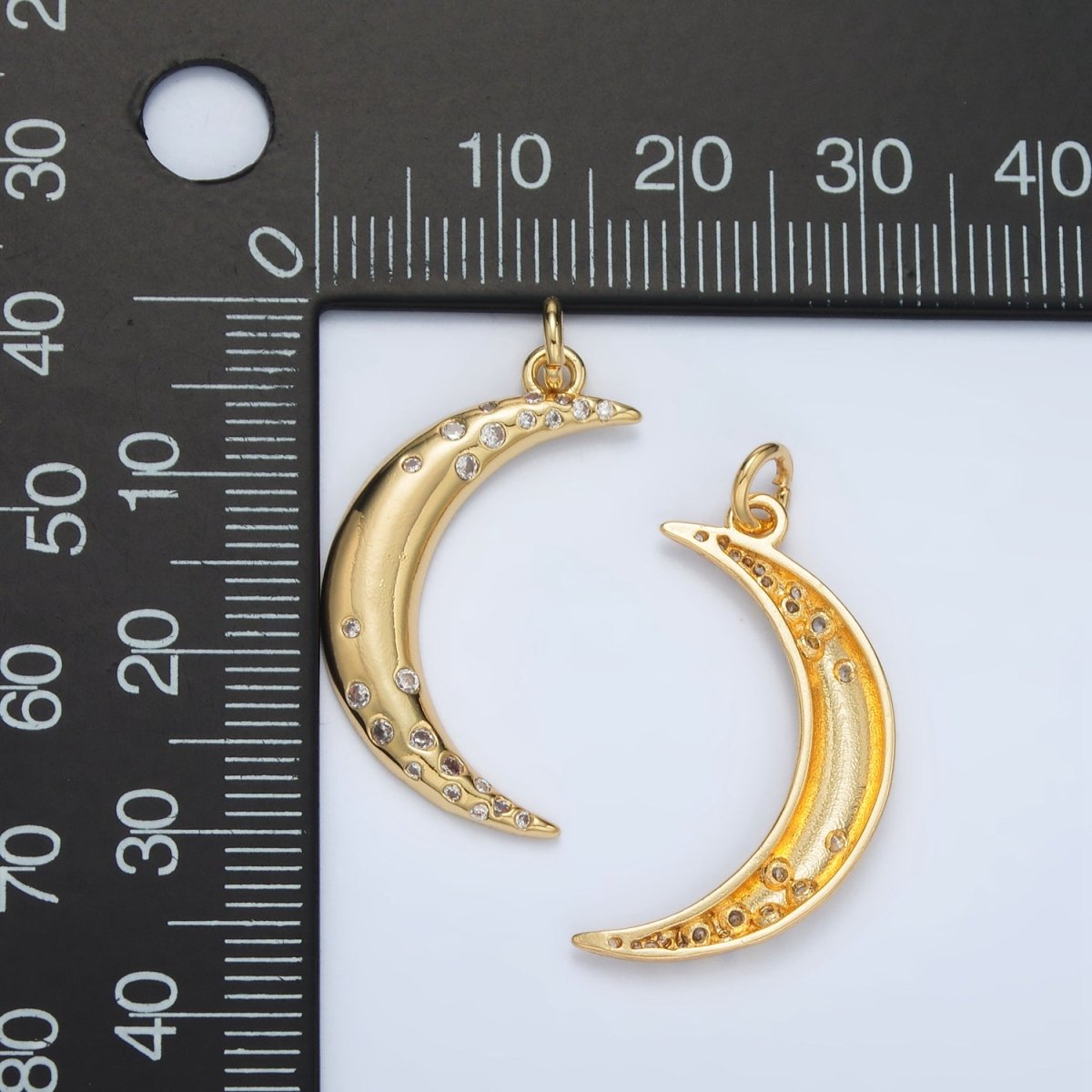 24K Gold Filled Clear CZ Dotted Celestial Crescent Moon Charm | E002