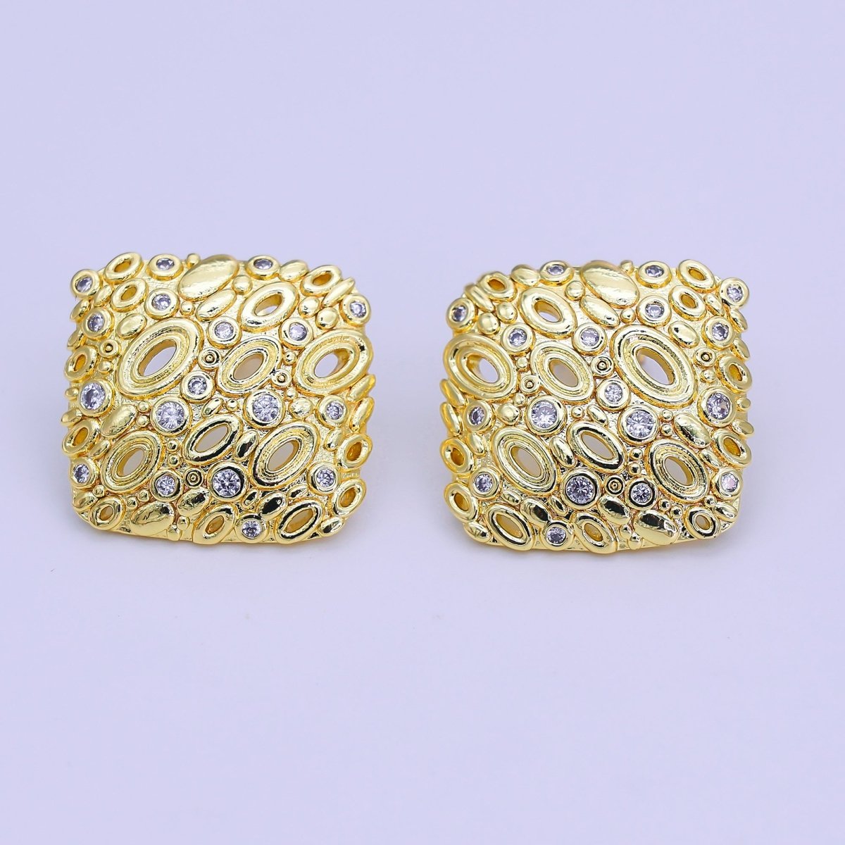 24K Gold Filled Clear CZ Dotted Open Oval Square Stud Earrings | AI500 - DLUXCA