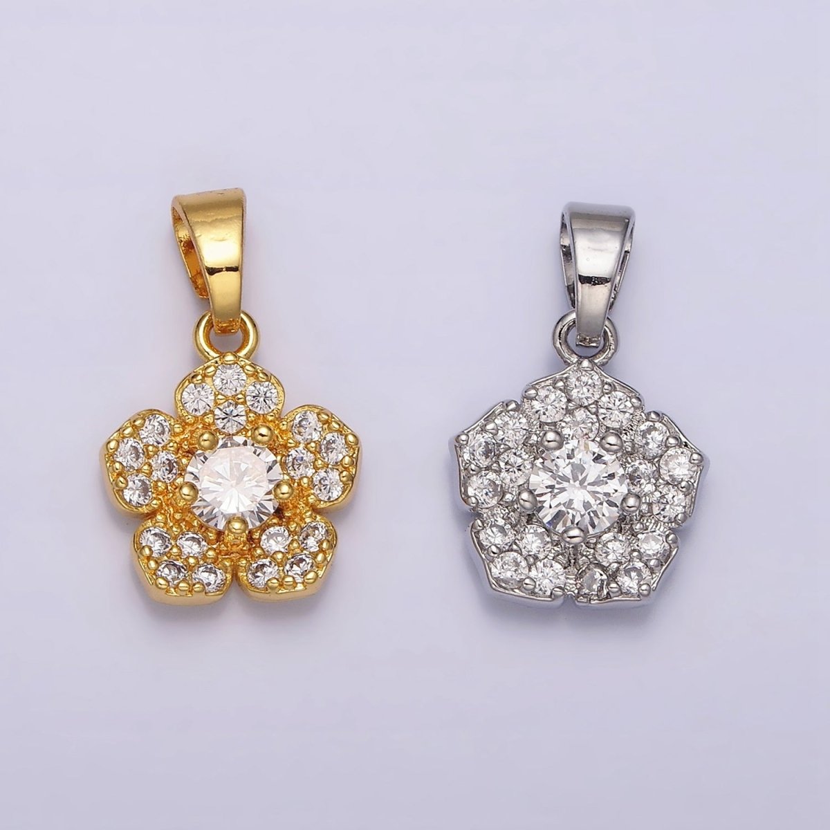 24K Gold Filled Clear CZ Flower Micro Paved Nature Pendant in Gold & Silver | AA471 AA472