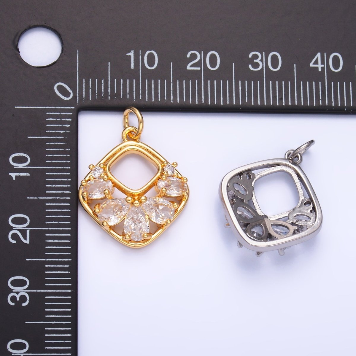 24K Gold Filled Clear CZ Geometric Open Rhombus Charm in Gold & Silver | W409