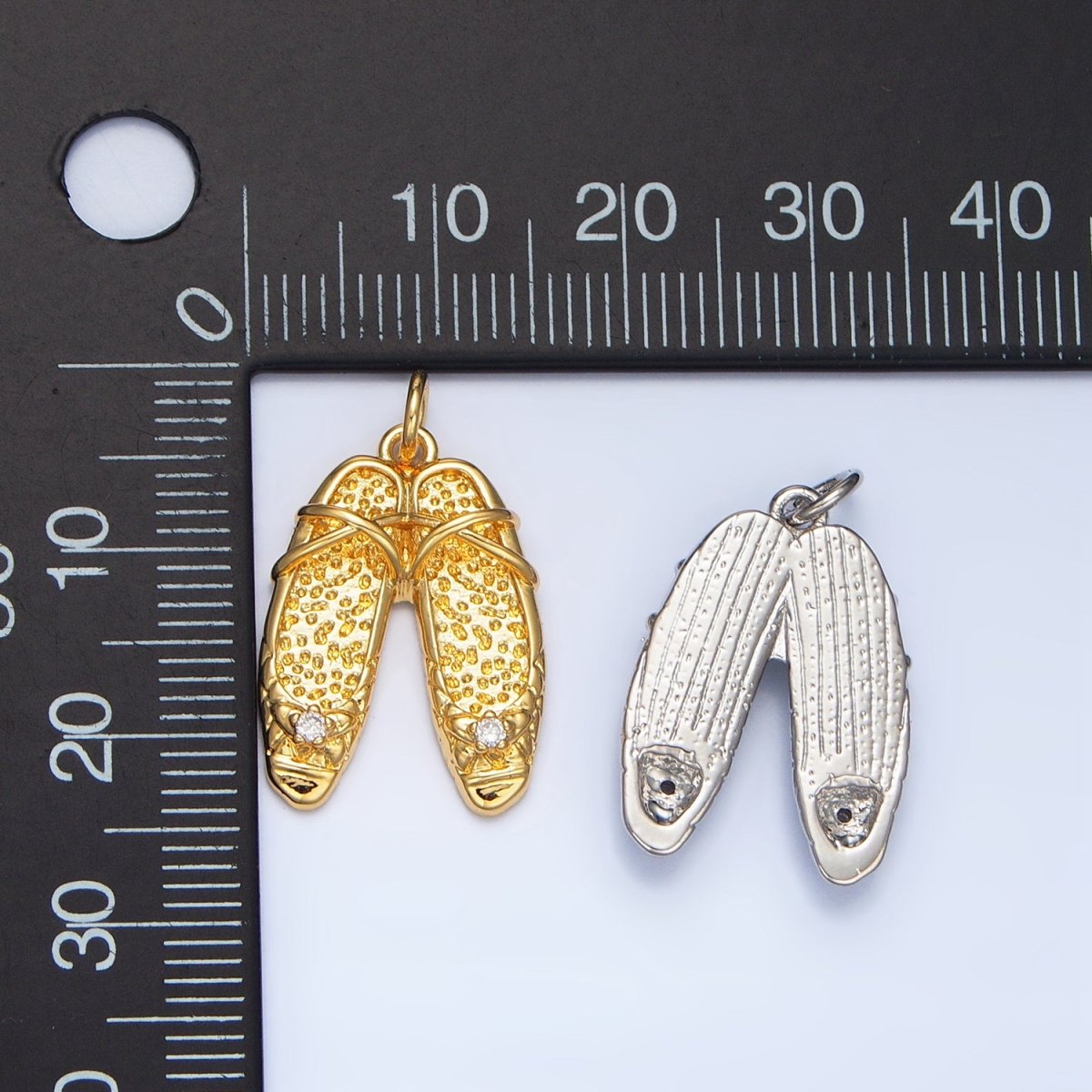 24K Gold Filled Clear CZ Hammered Ballet Dancing Shoes Charm in Gold & Silver | E338