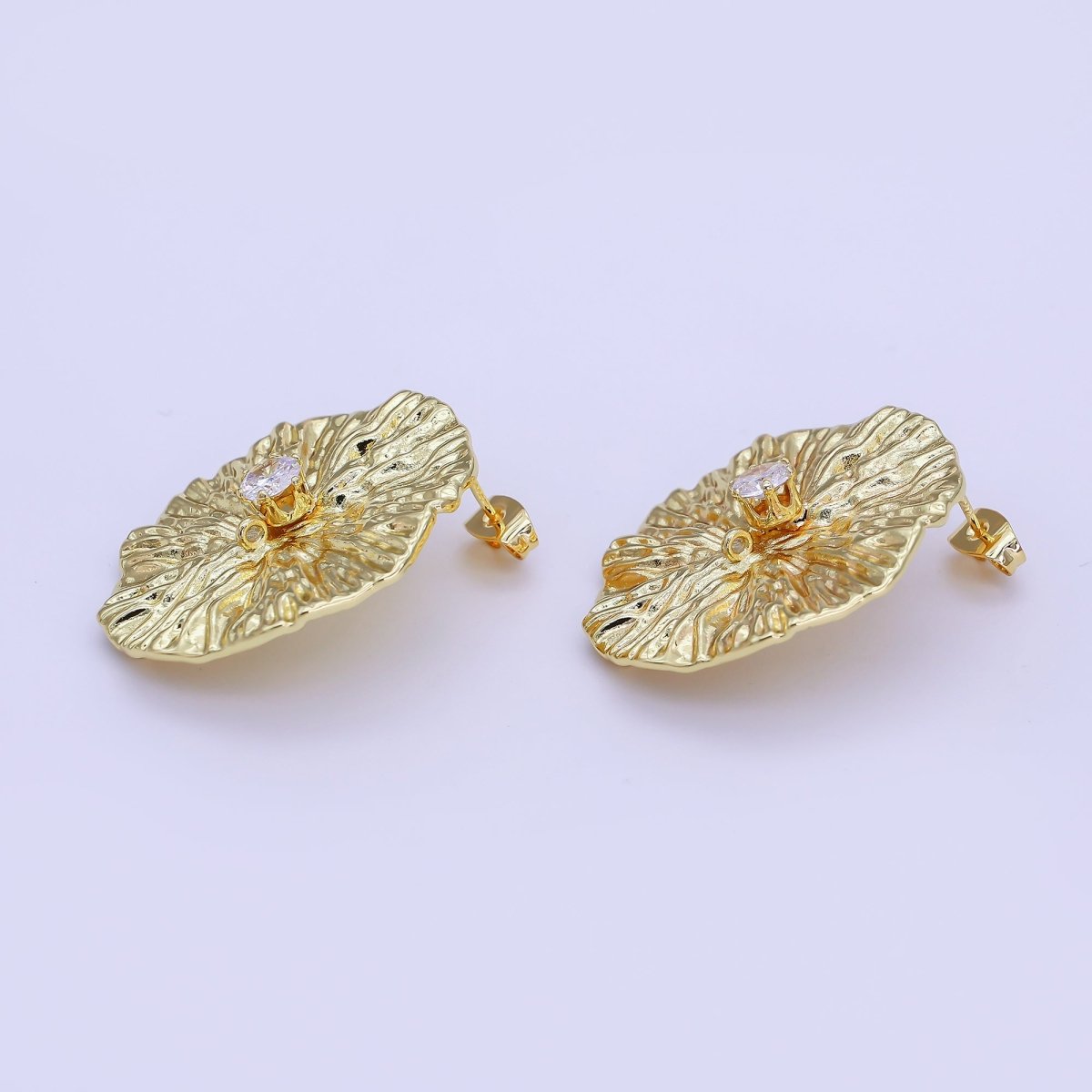 24K Gold Filled Clear CZ Hammered Oval Drop Stud Earring Findings | Z1269 - DLUXCA