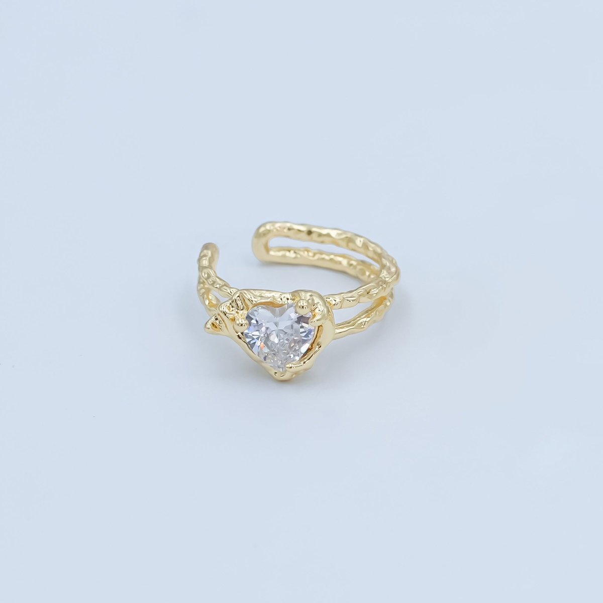 24K Gold Filled Clear CZ Heart Molten Hammered Ear Cuff Earrings | AI052 - DLUXCA