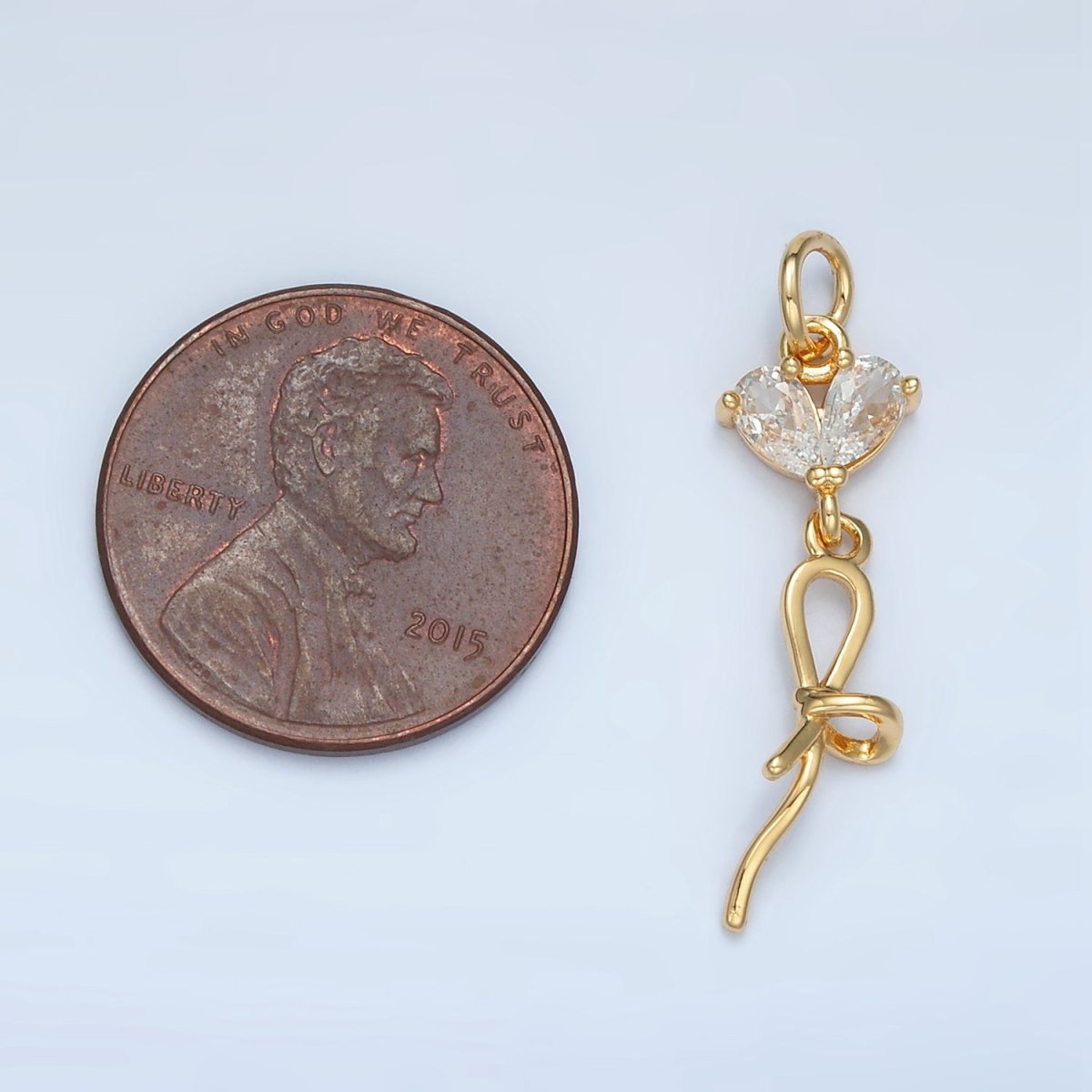 24K Gold Filled Clear CZ Heart Ribbon Bow Drop Charm | N1416