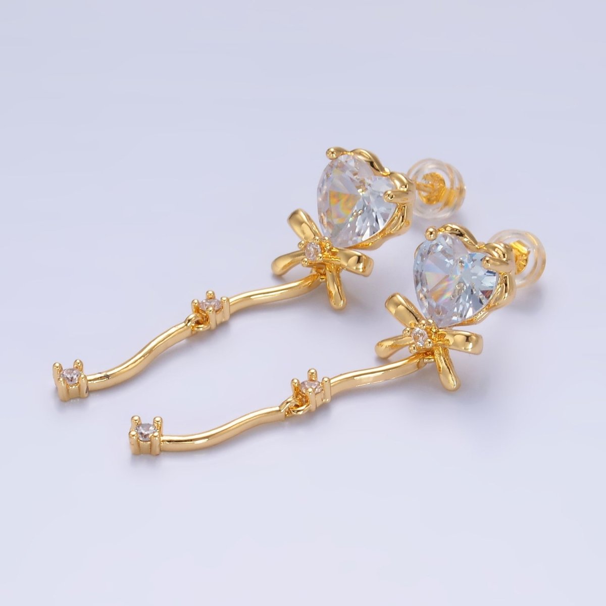24K Gold Filled Clear CZ Heart Ribbon Bow Drop Earrings | AB1034 - DLUXCA