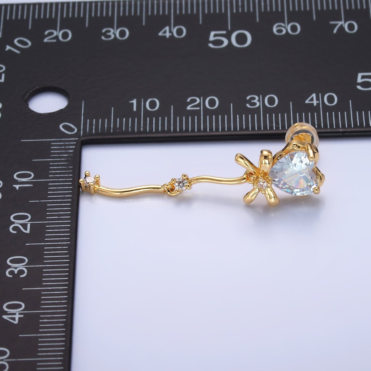 24K Gold Filled Clear CZ Heart Ribbon Bow Drop Earrings | AB1034 - DLUXCA