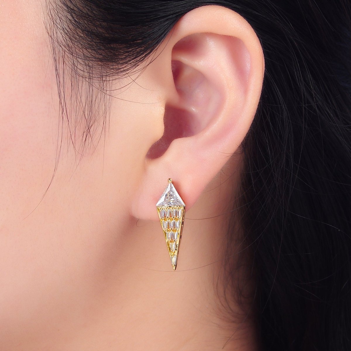 24K Gold Filled Clear CZ Kite Triangle Baguette Geometric Stud Earrings | P368 - DLUXCA