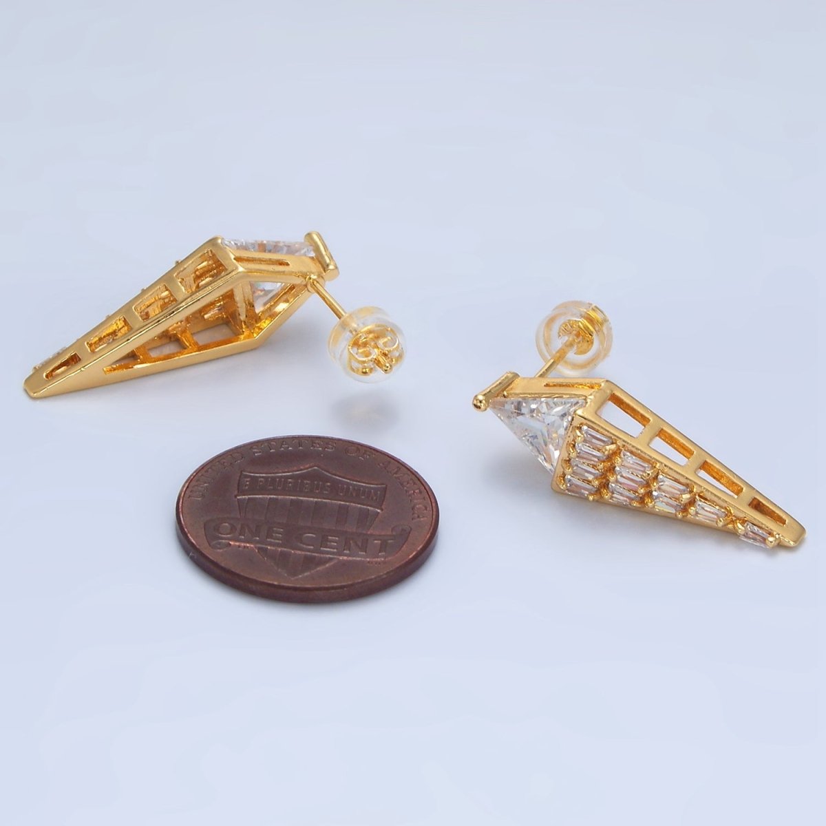 24K Gold Filled Clear CZ Kite Triangle Baguette Geometric Stud Earrings | P368 - DLUXCA