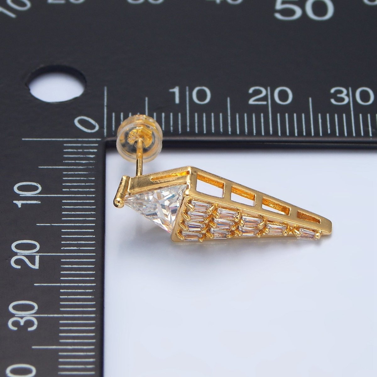 24K Gold Filled Clear CZ Kite Triangle Baguette Geometric Stud Earrings | P368 - DLUXCA