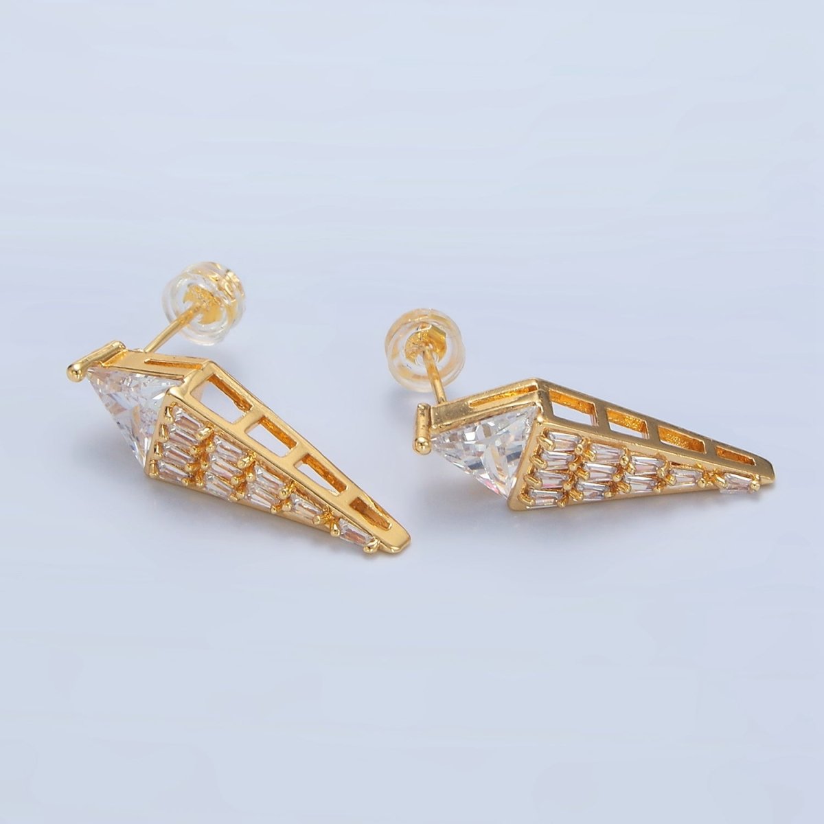 24K Gold Filled Clear CZ Kite Triangle Baguette Geometric Stud Earrings | P368 - DLUXCA