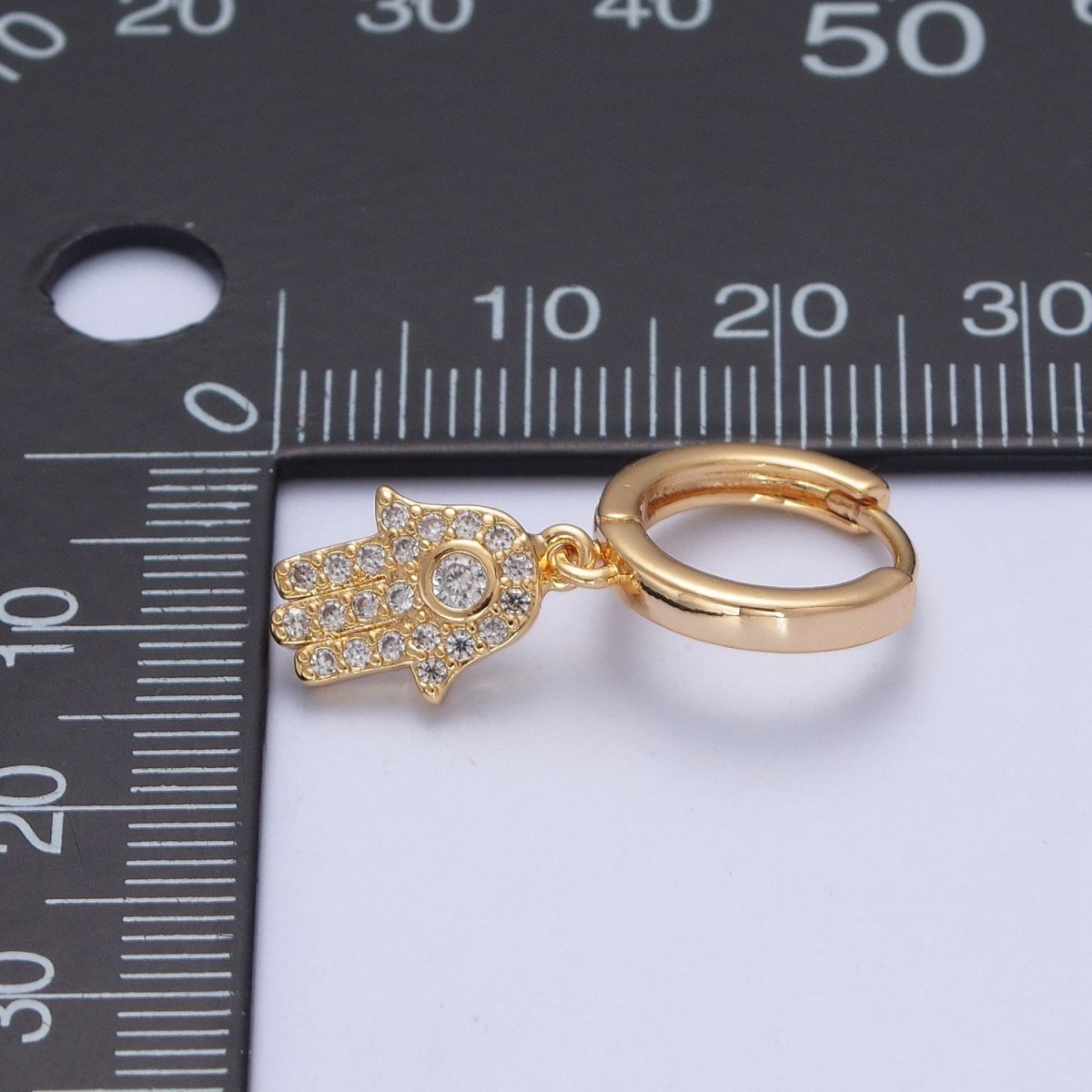 24K Gold Filled Clear CZ Micro Pave Hamsa Hand Charm Dangle Drop Huggie Earrings P-308 - DLUXCA