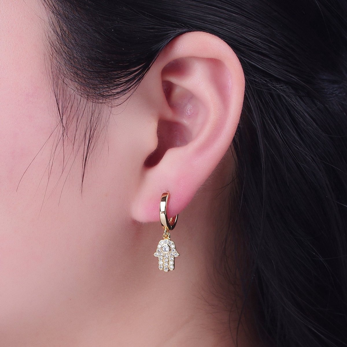 24K Gold Filled Clear CZ Micro Pave Hamsa Hand Charm Dangle Drop Huggie Earrings P-308 - DLUXCA
