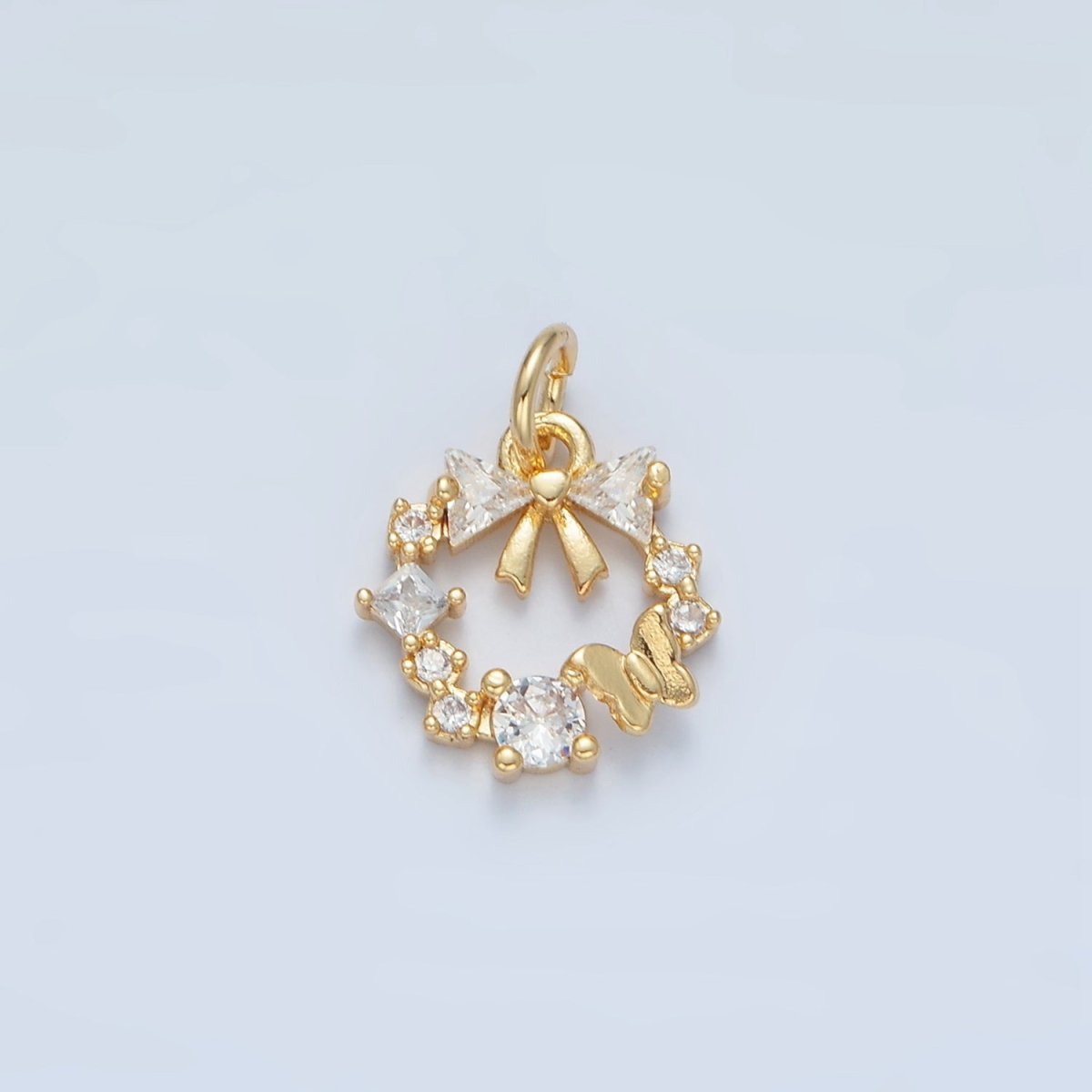24k Gold Filled Clear CZ Micro Paved Butterfly Ribbon Bow Round Circle Charm | X - 456 - DLUXCA