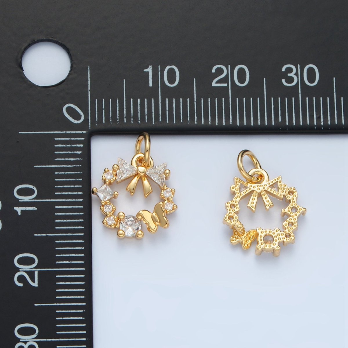 24k Gold Filled Clear CZ Micro Paved Butterfly Ribbon Bow Round Circle Charm | X - 456 - DLUXCA