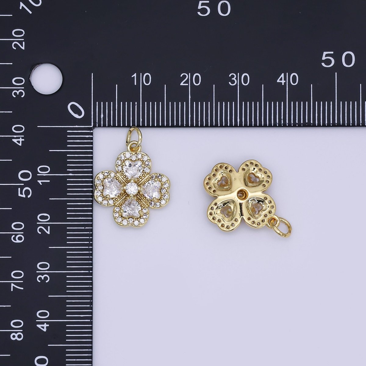 24K Gold Filled Clear CZ Micro Paved Clover Flower Charm | AJ323 - DLUXCA