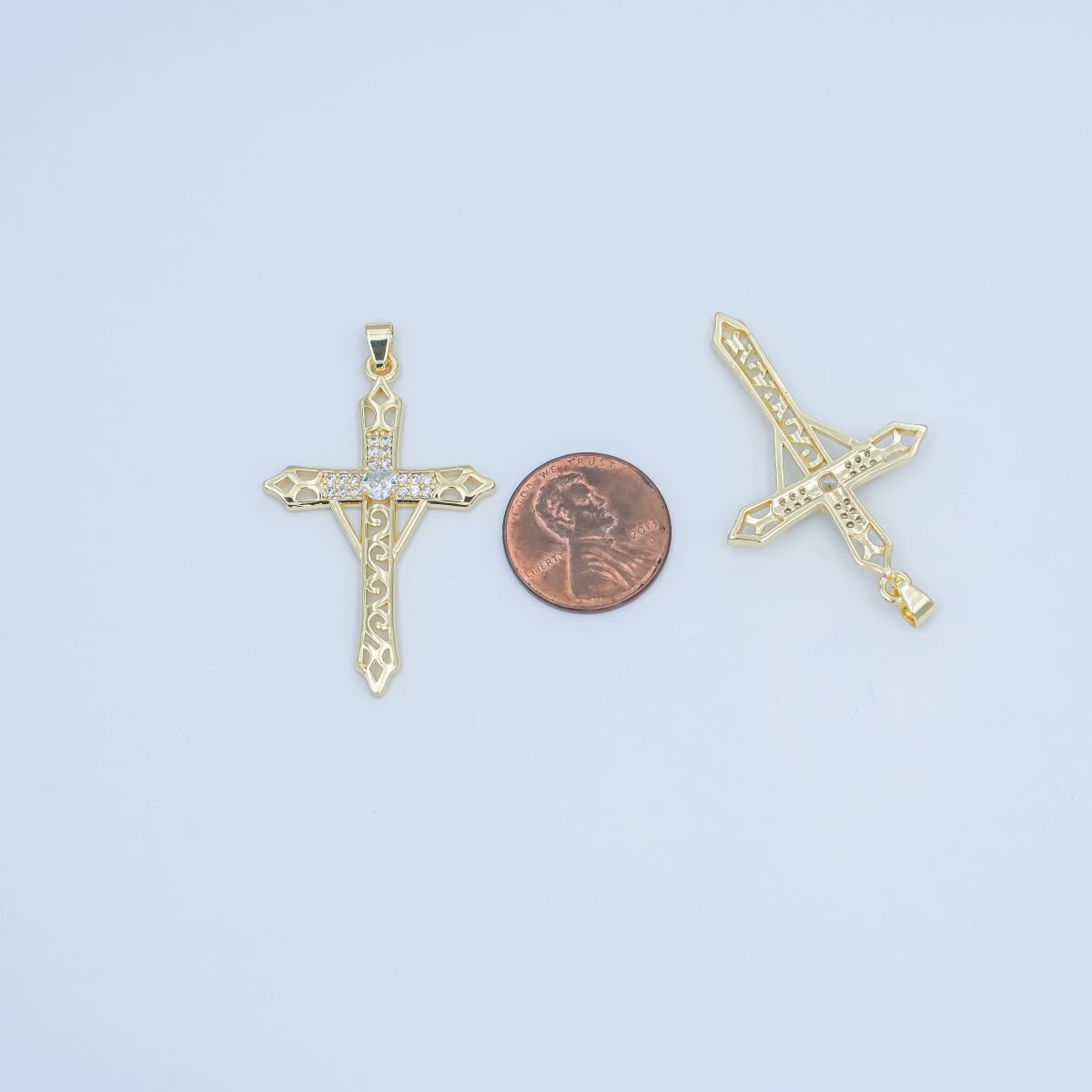 24K Gold Filled Clear CZ Micro Paved Geometric Filigree Cross Pendant | AA1505 - DLUXCA