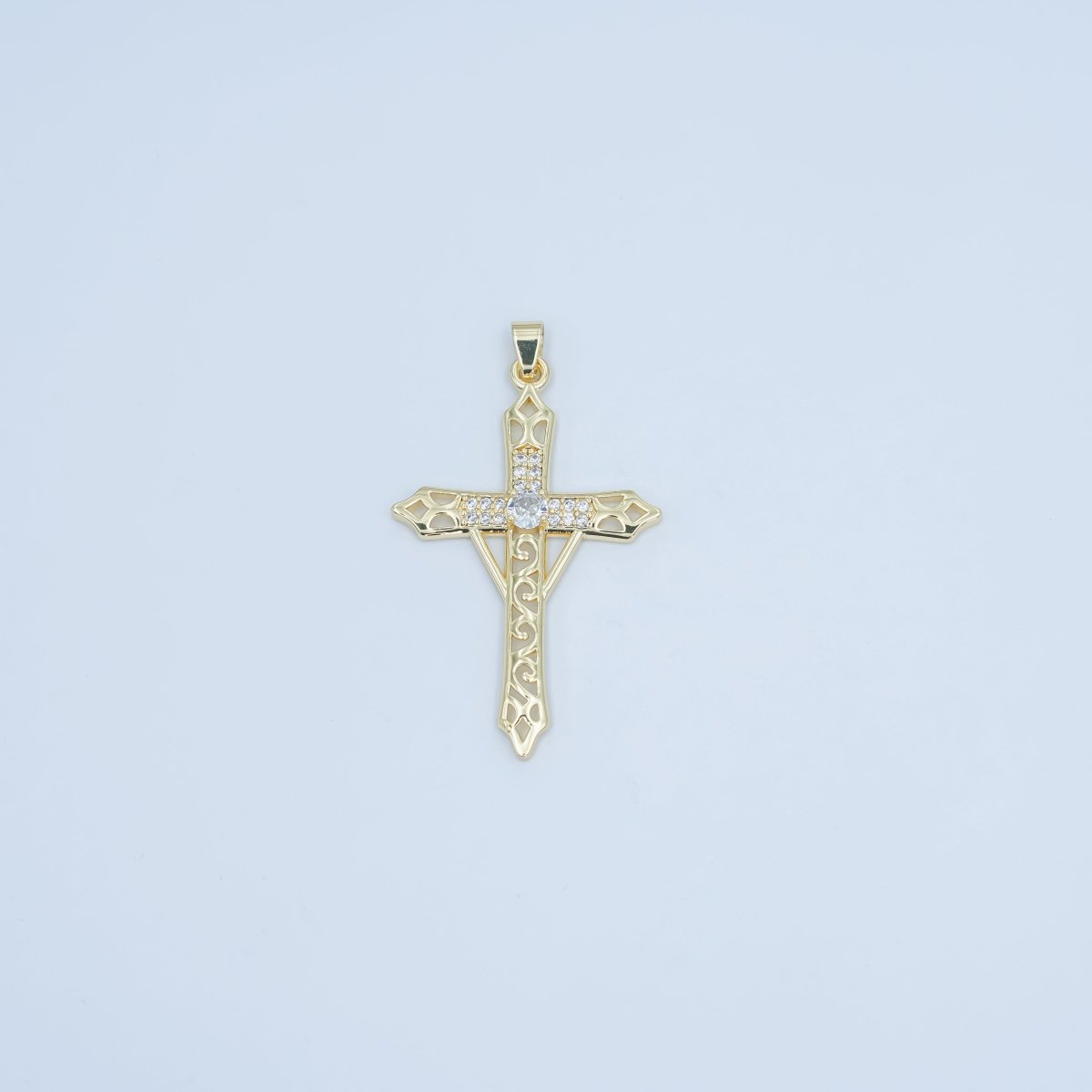 24K Gold Filled Clear CZ Micro Paved Geometric Filigree Cross Pendant | AA1505 - DLUXCA