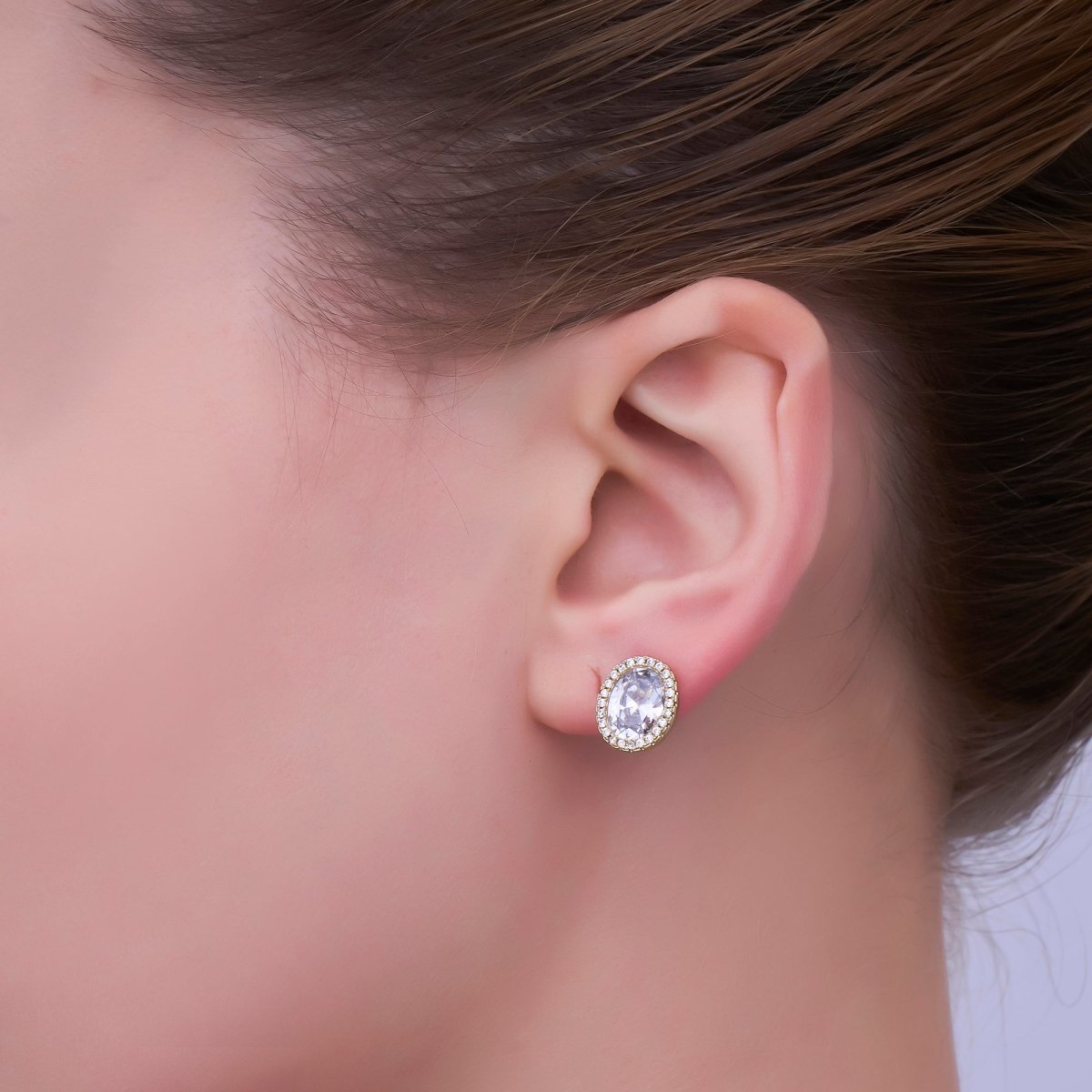 24K Gold Filled Clear CZ Micro Paved Oval Stud Earrings | T015 - DLUXCA