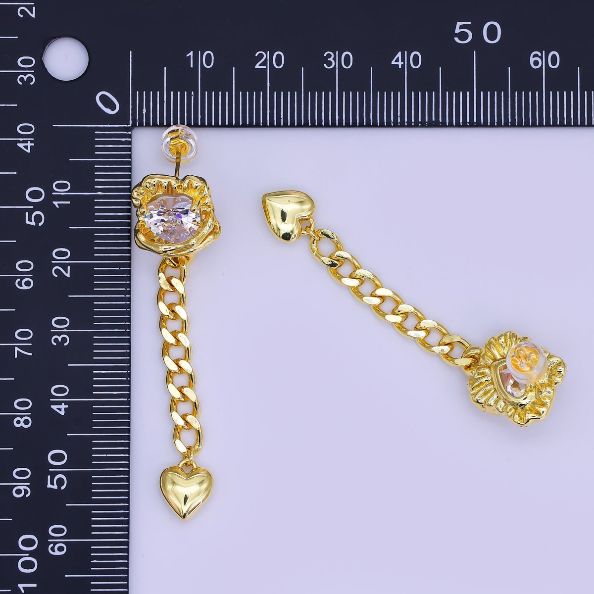 24K Gold Filled Clear CZ Molten Curb Chain Heart Drop Stud Earrings | AI508 - DLUXCA