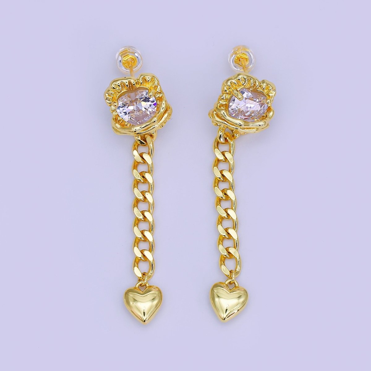 24K Gold Filled Clear CZ Molten Curb Chain Heart Drop Stud Earrings | AI508 - DLUXCA