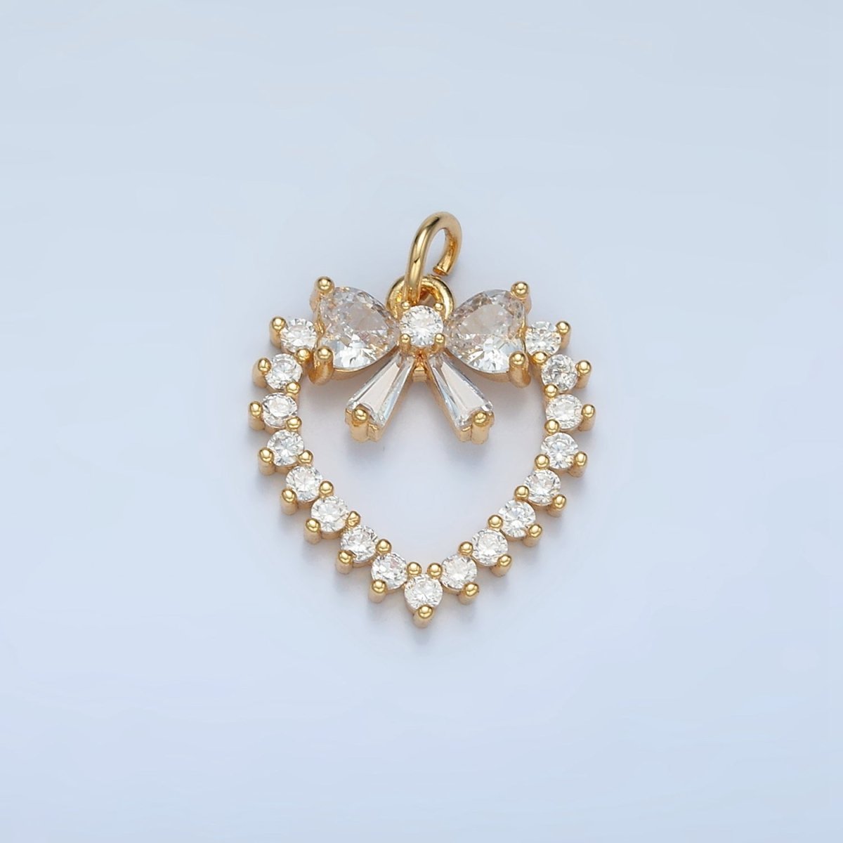 24K Gold Filled Clear CZ Open Heart Ribbon Bow Charm | E733 - DLUXCA
