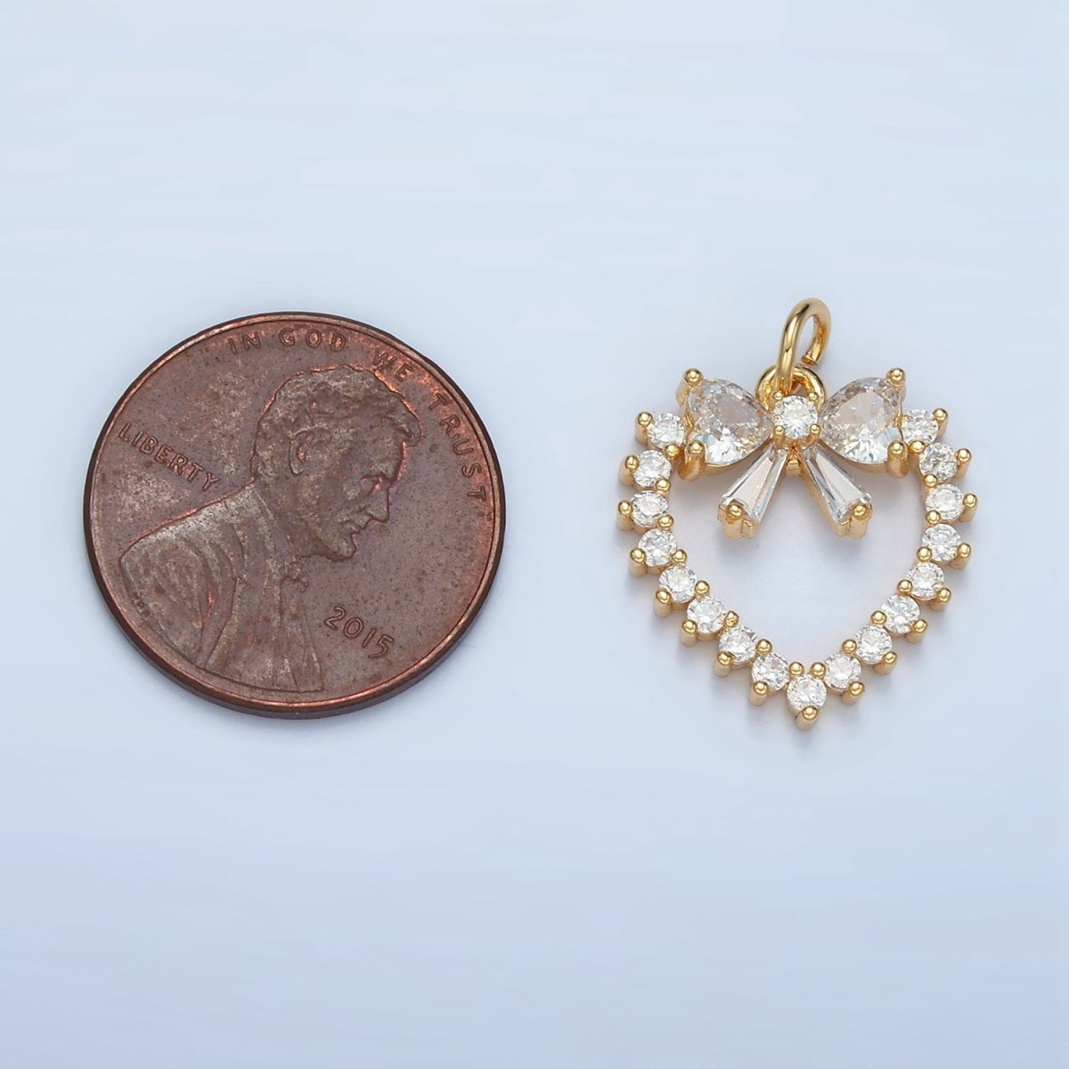 24K Gold Filled Clear CZ Open Heart Ribbon Bow Charm | E733 - DLUXCA