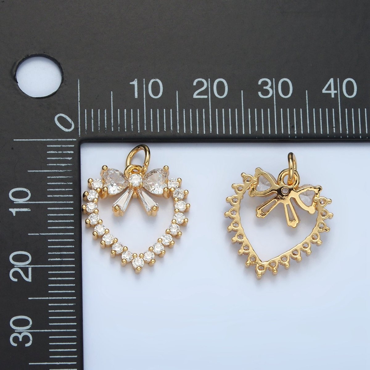 24K Gold Filled Clear CZ Open Heart Ribbon Bow Charm | E733 - DLUXCA