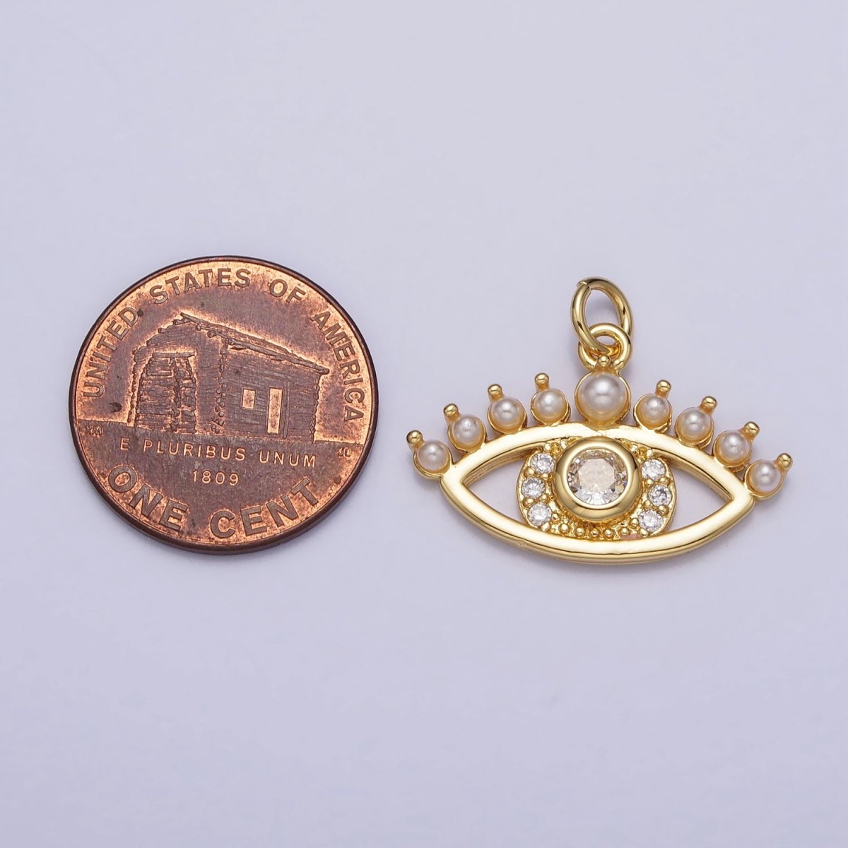 24K Gold Filled Clear CZ Pearl Lined Evil Eye Protection Charm | AC315 - DLUXCA